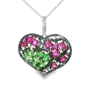 Gorgeous 18K Black White Gold Diamond Red Green Sapphire Heart Pendant Necklace