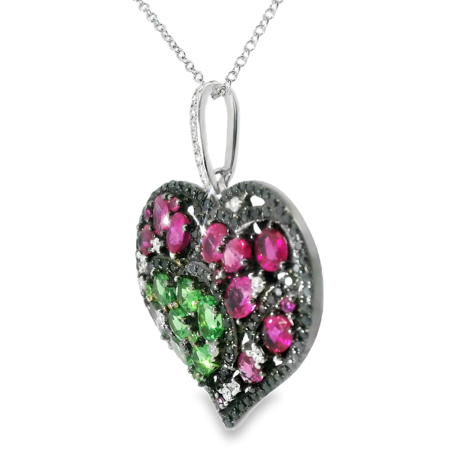 Gorgeous 18K Black White Gold Diamond Red Green Sapphire Heart Pendant Necklace