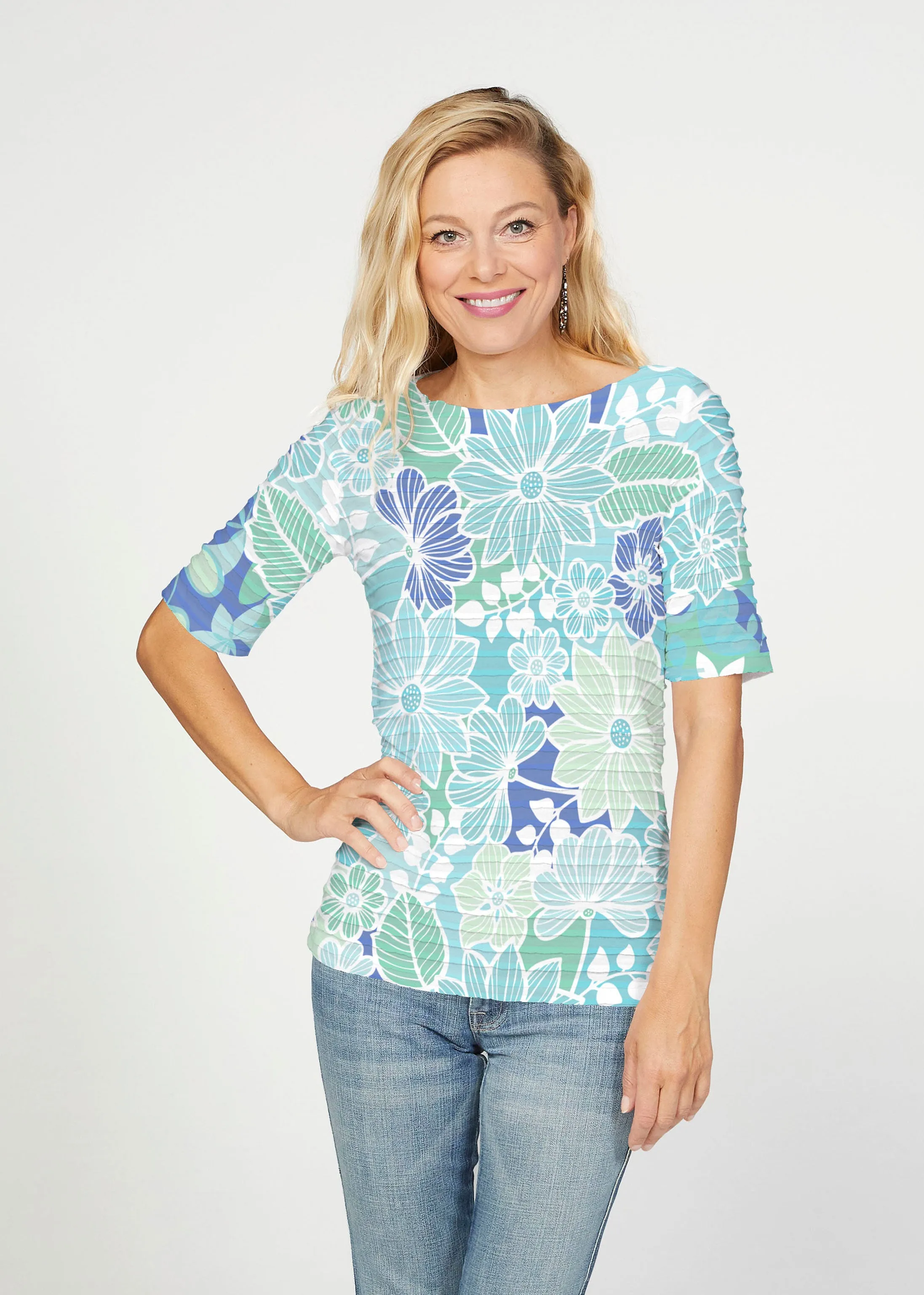 Hawaii Isles (13609) ~ Banded Elbow Sleeve Boat Neck Top