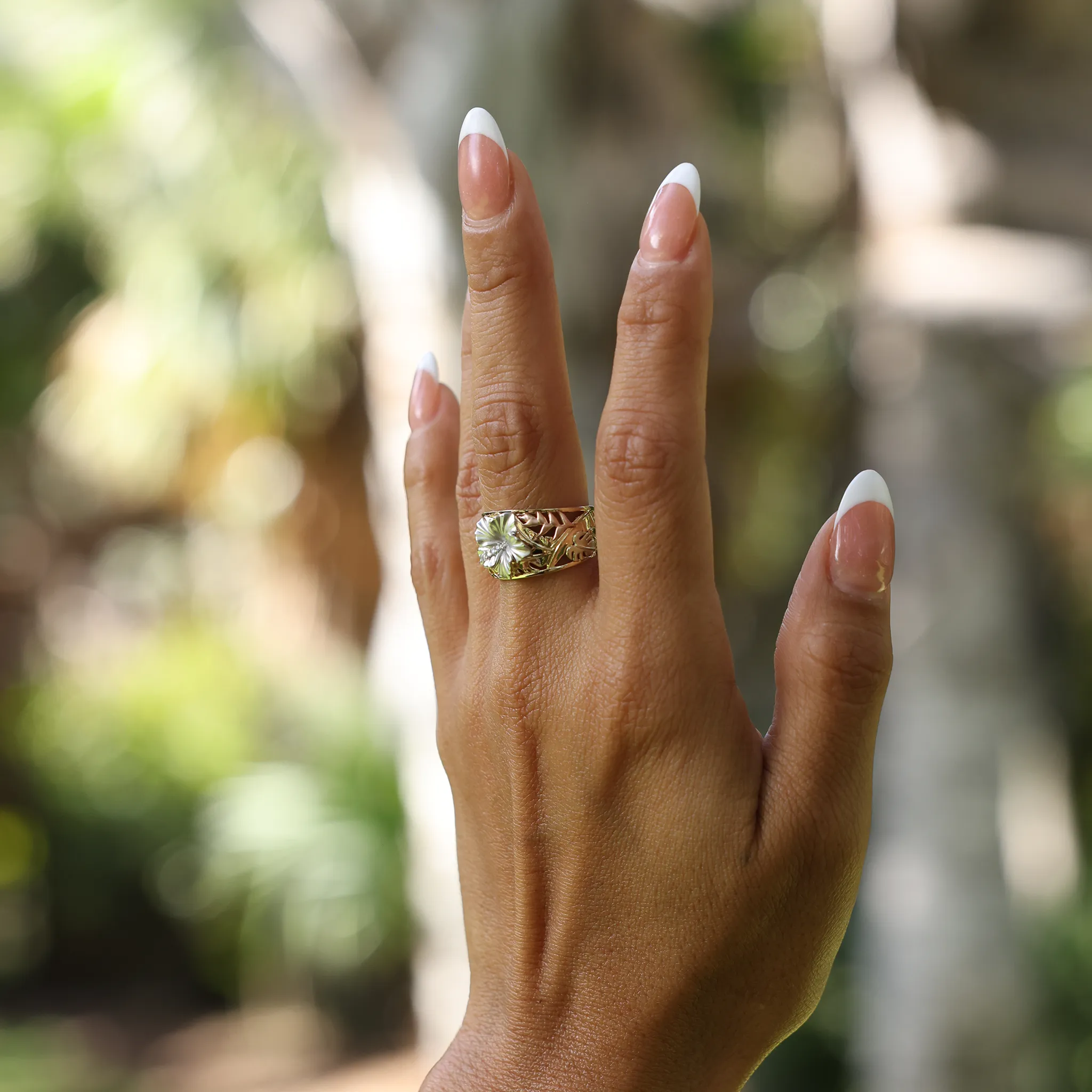 Hawaiian Gardens Hibiscus Ring in Four Tone Gold with Diamonds - 12mm