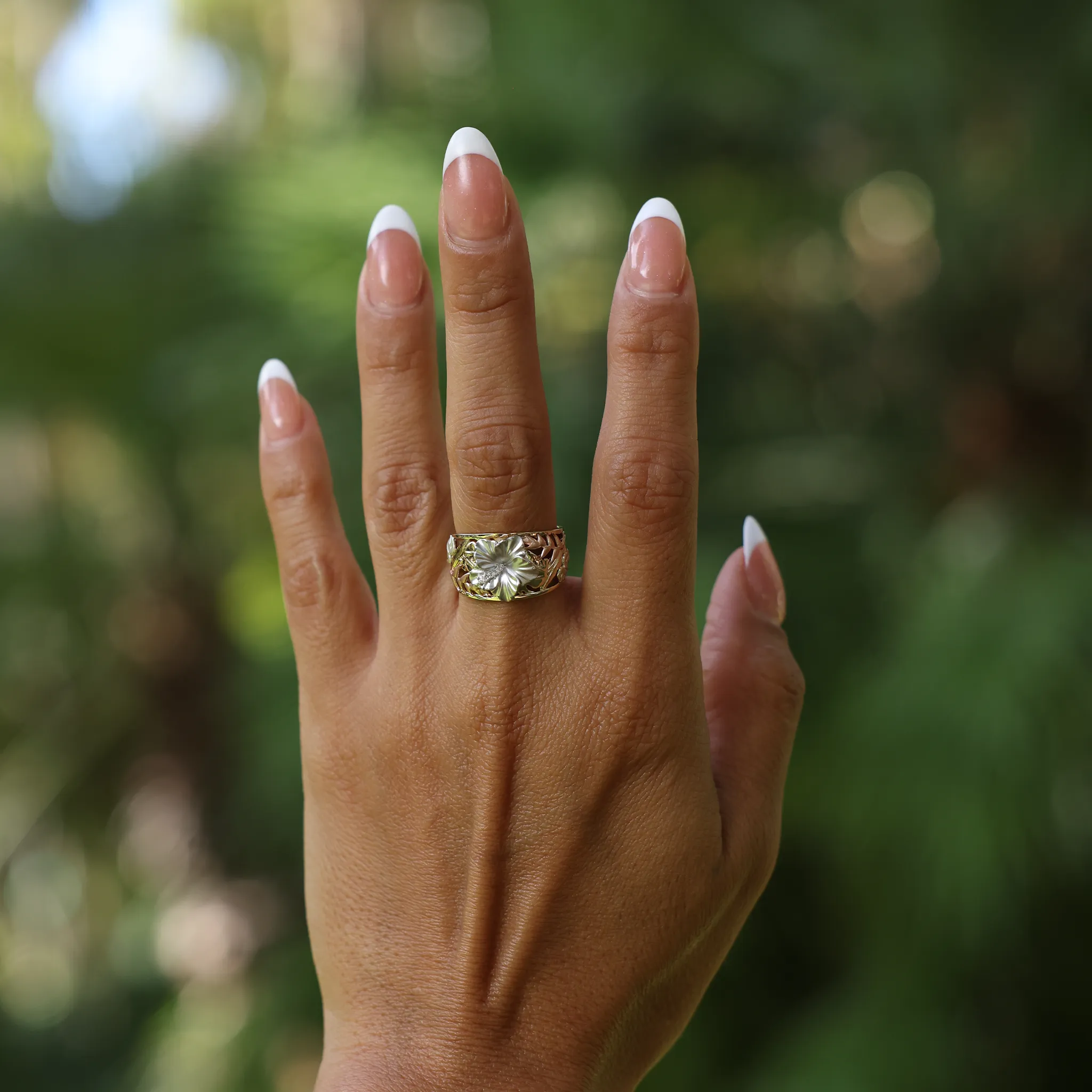 Hawaiian Gardens Hibiscus Ring in Four Tone Gold with Diamonds - 12mm