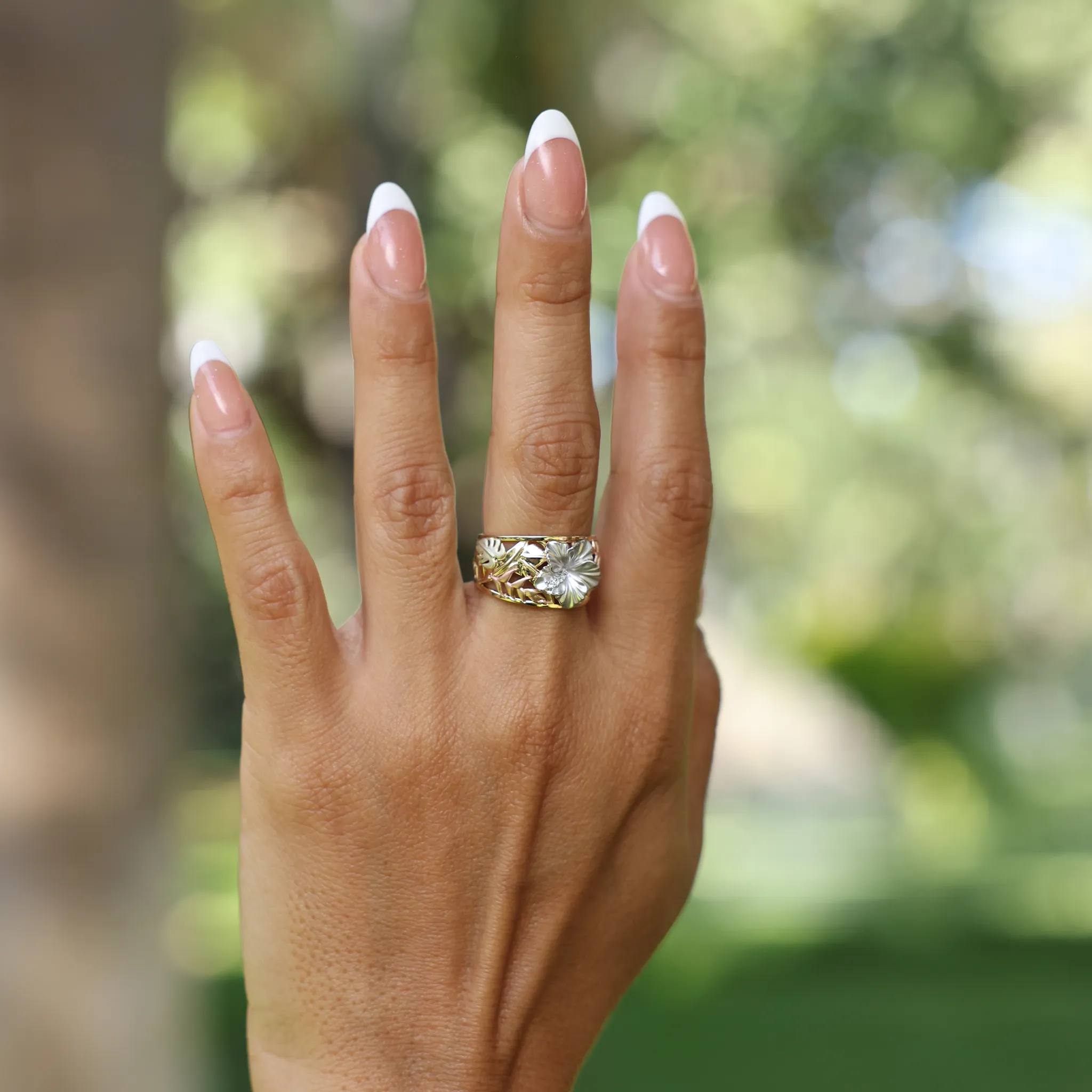 Hawaiian Gardens Hibiscus Ring in Four Tone Gold with Diamonds - 12mm