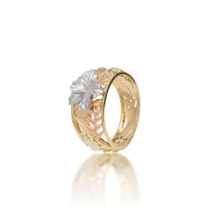 Hawaiian Gardens Hibiscus Ring in Four Tone Gold with Diamonds - 12mm