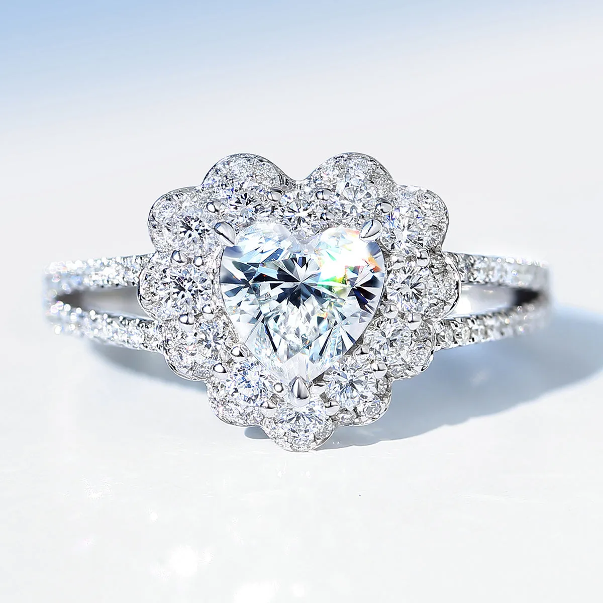 Heart Cut GIA Diamond Flower Halo Ring