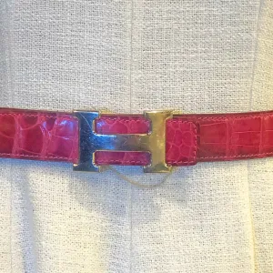 HERMÈS Reversible Croc Leather Belt with Constance Palladium "H" Buckle - Pink Rose & Caramel