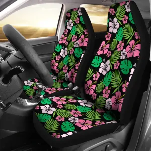 Hibiscus Flower Car Seat Covers Hawaiian Pattern In Pink, Green and Black Set of 2