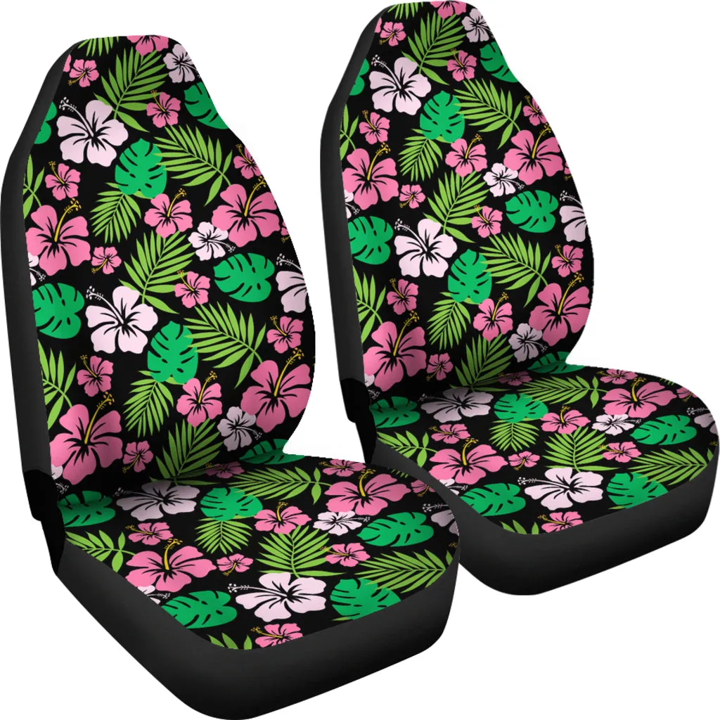 Hibiscus Flower Car Seat Covers Hawaiian Pattern In Pink, Green and Black Set of 2