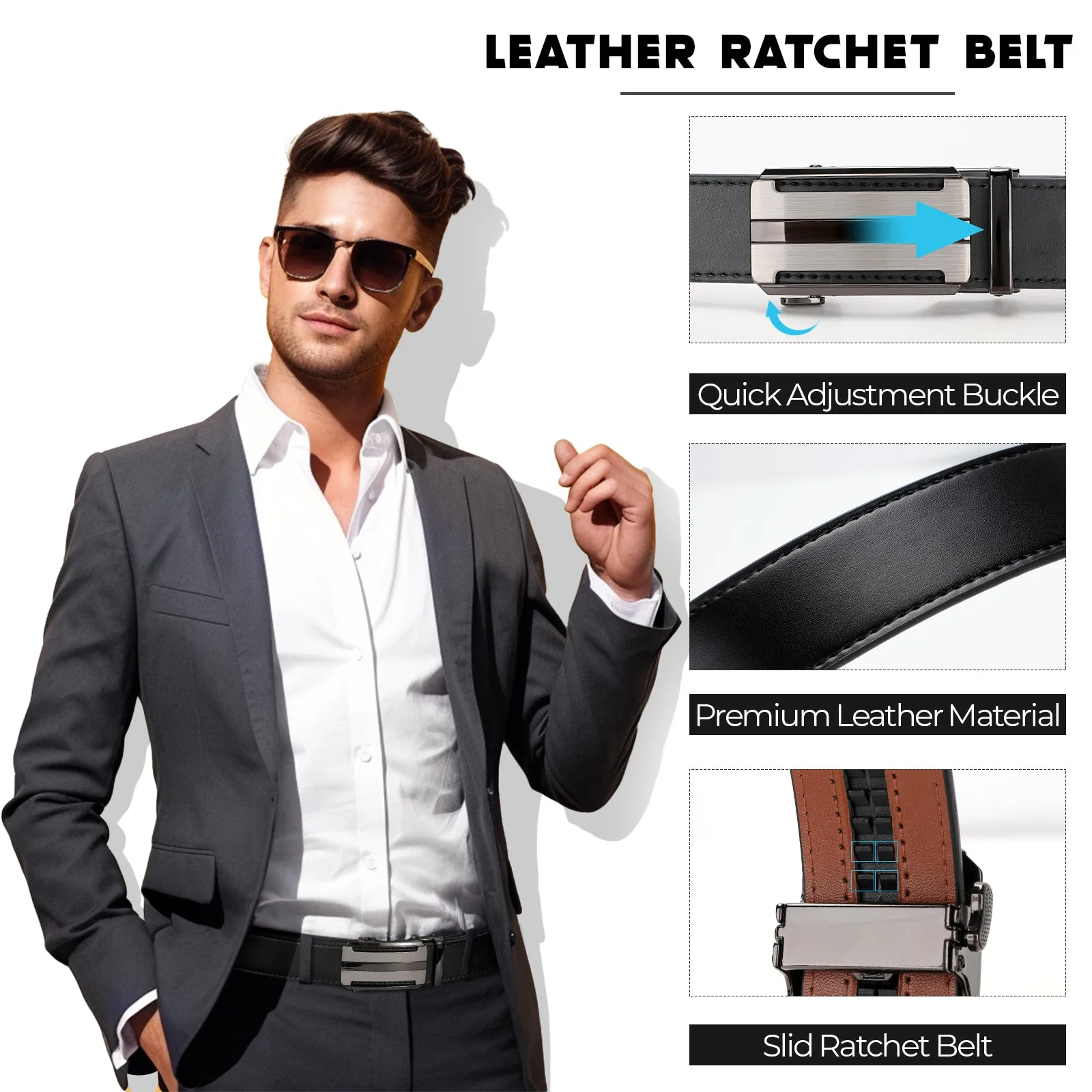 JASGOOD 1 Pack Black Automatic Ratchet Split Genuine Leather Men Dress Belt