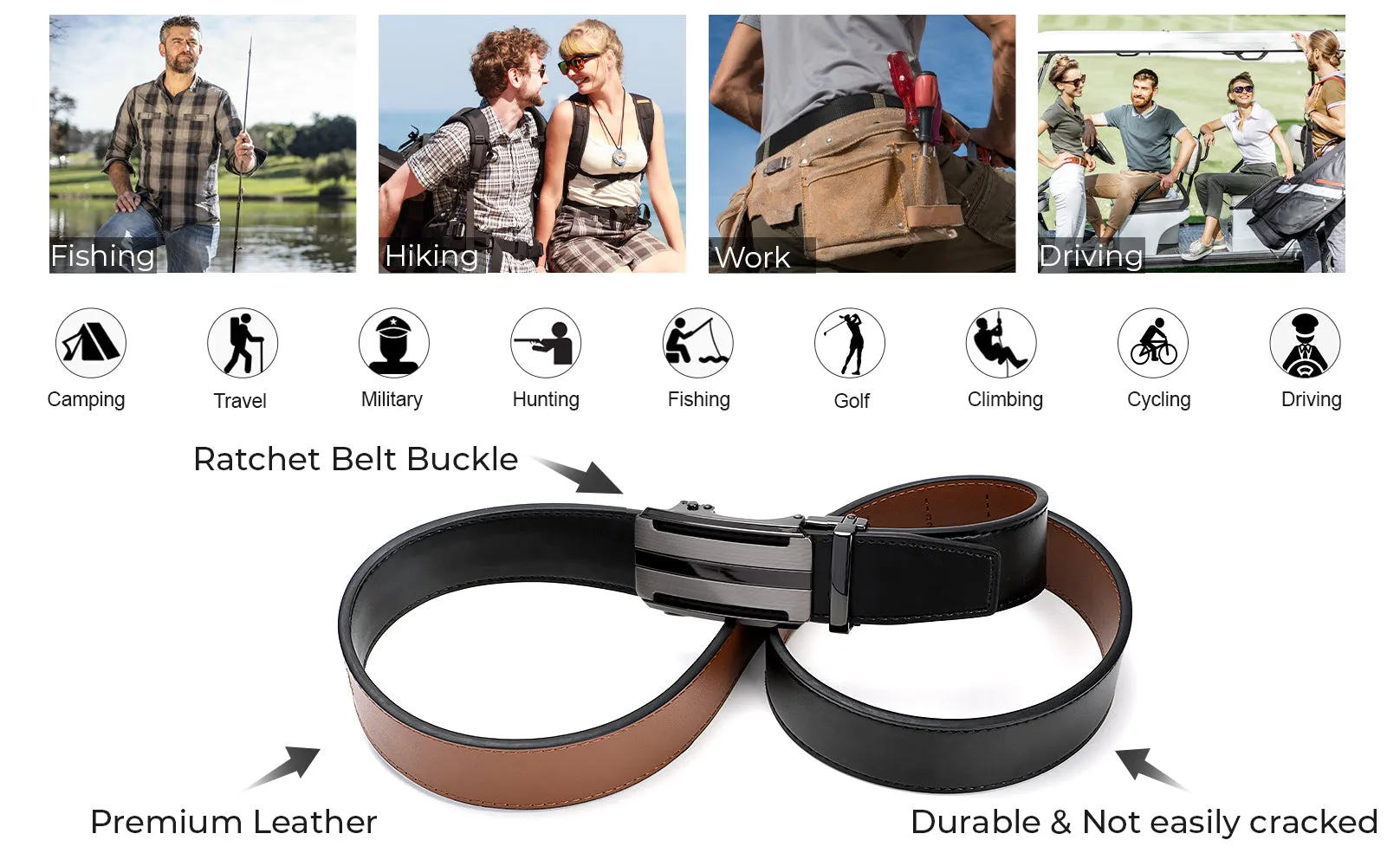 JASGOOD 1 Pack Black Automatic Ratchet Split Genuine Leather Men Dress Belt