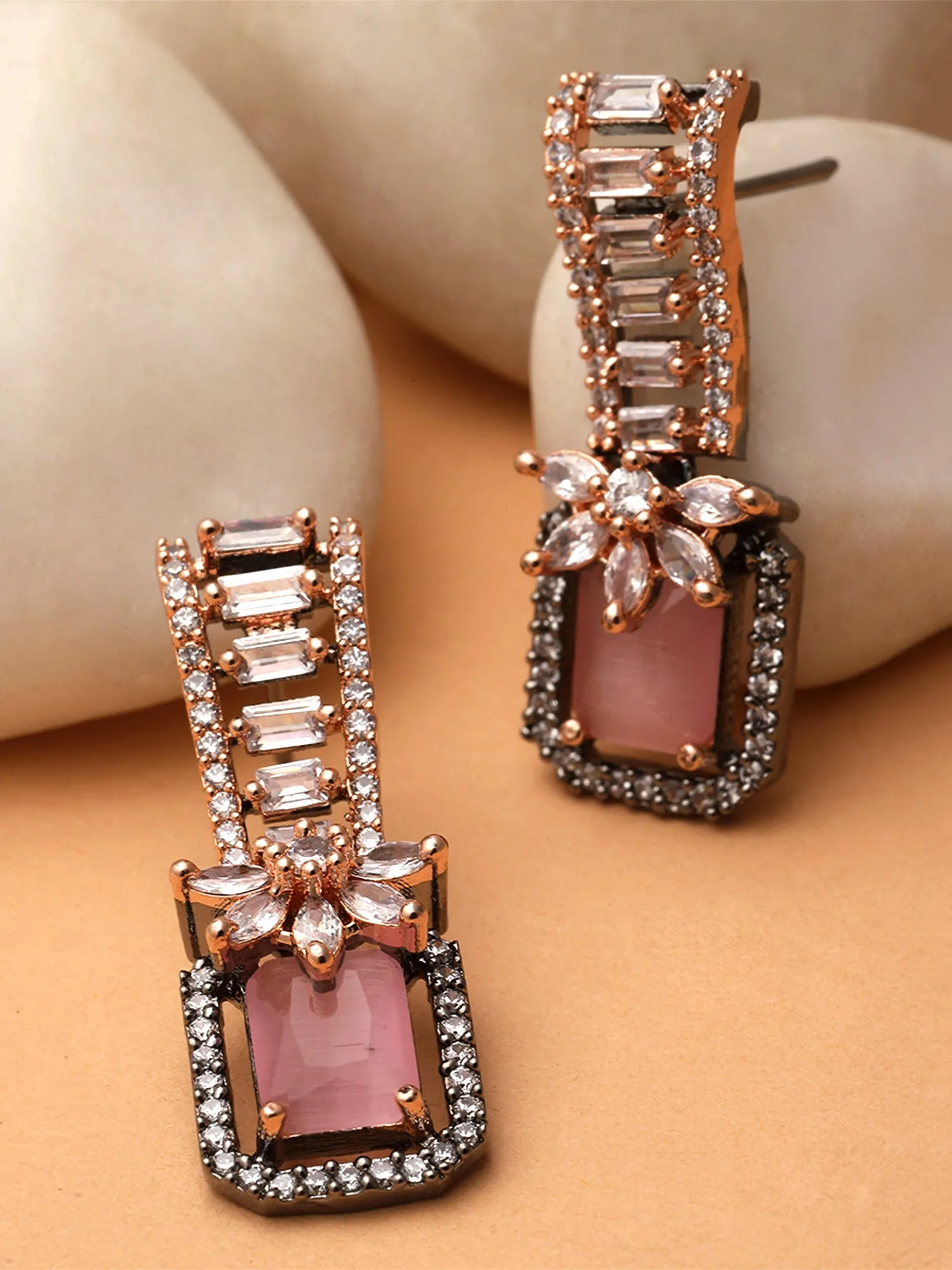 Karatcart Black Rose Gold Plated Pink Cubic Zirconia Drop Earrings for Women