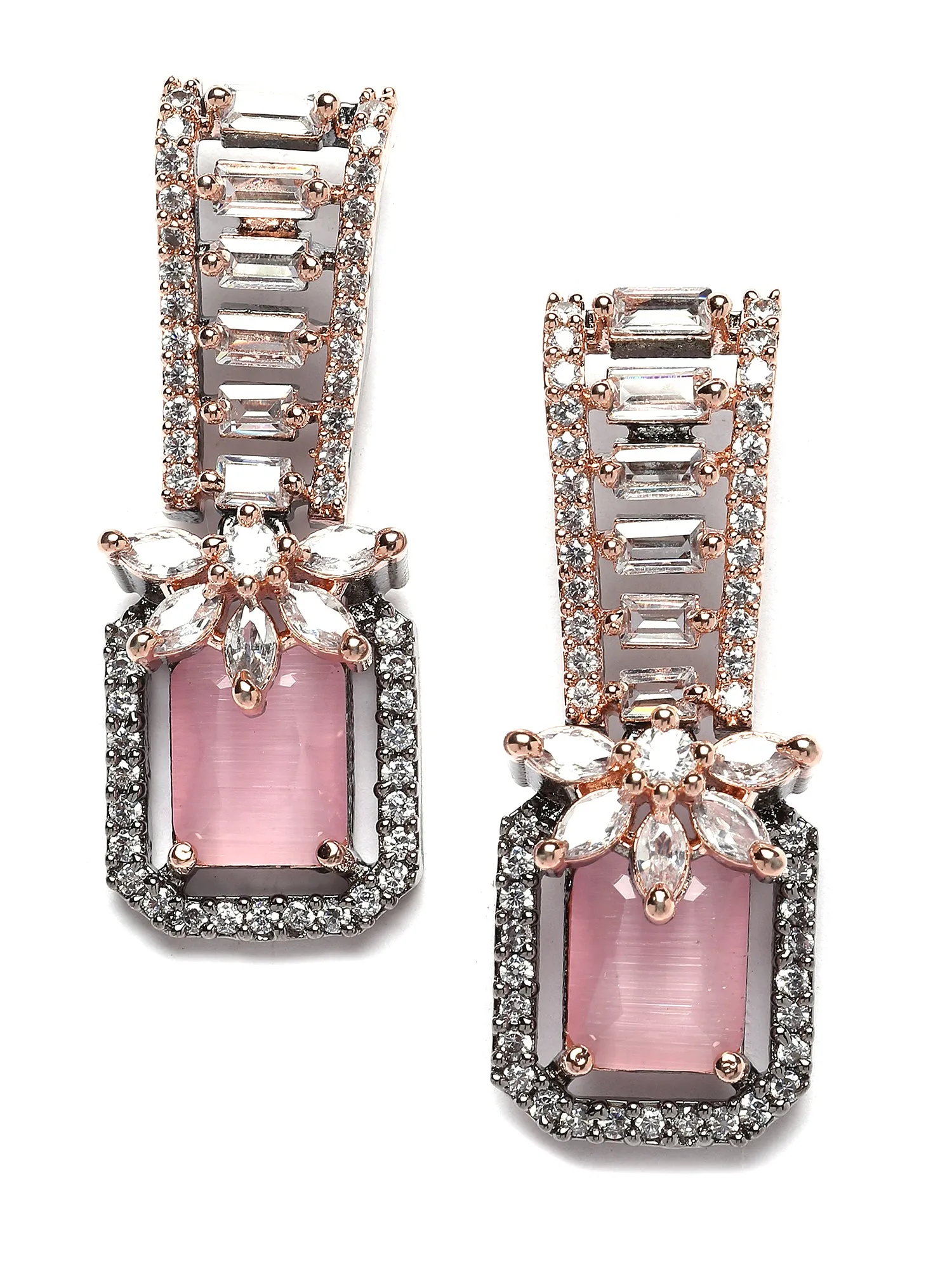 Karatcart Black Rose Gold Plated Pink Cubic Zirconia Drop Earrings for Women