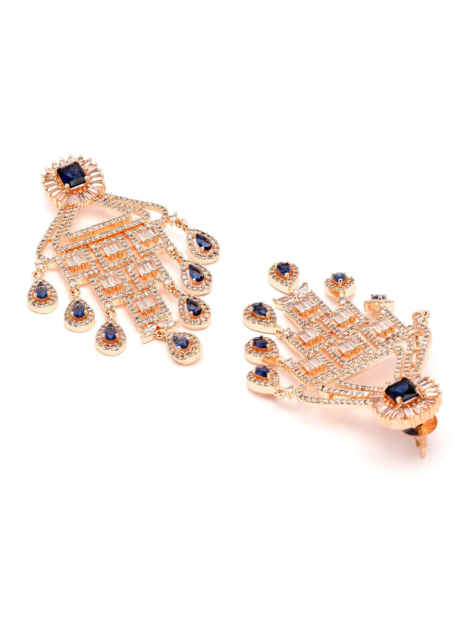 Karatcart Rose Gold Plated Blue and White Cubic Zirconia Studded Dangler Earrings for Women