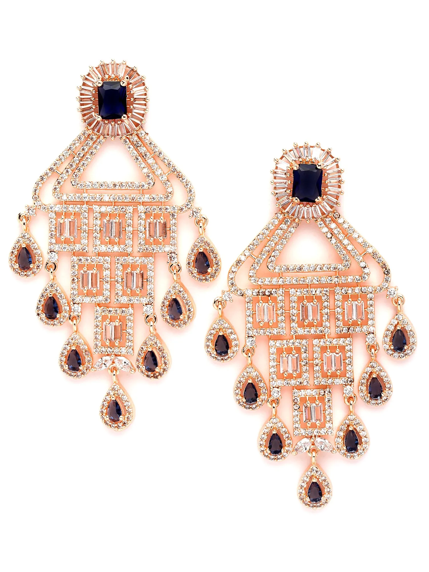 Karatcart Rose Gold Plated Blue and White Cubic Zirconia Studded Dangler Earrings for Women