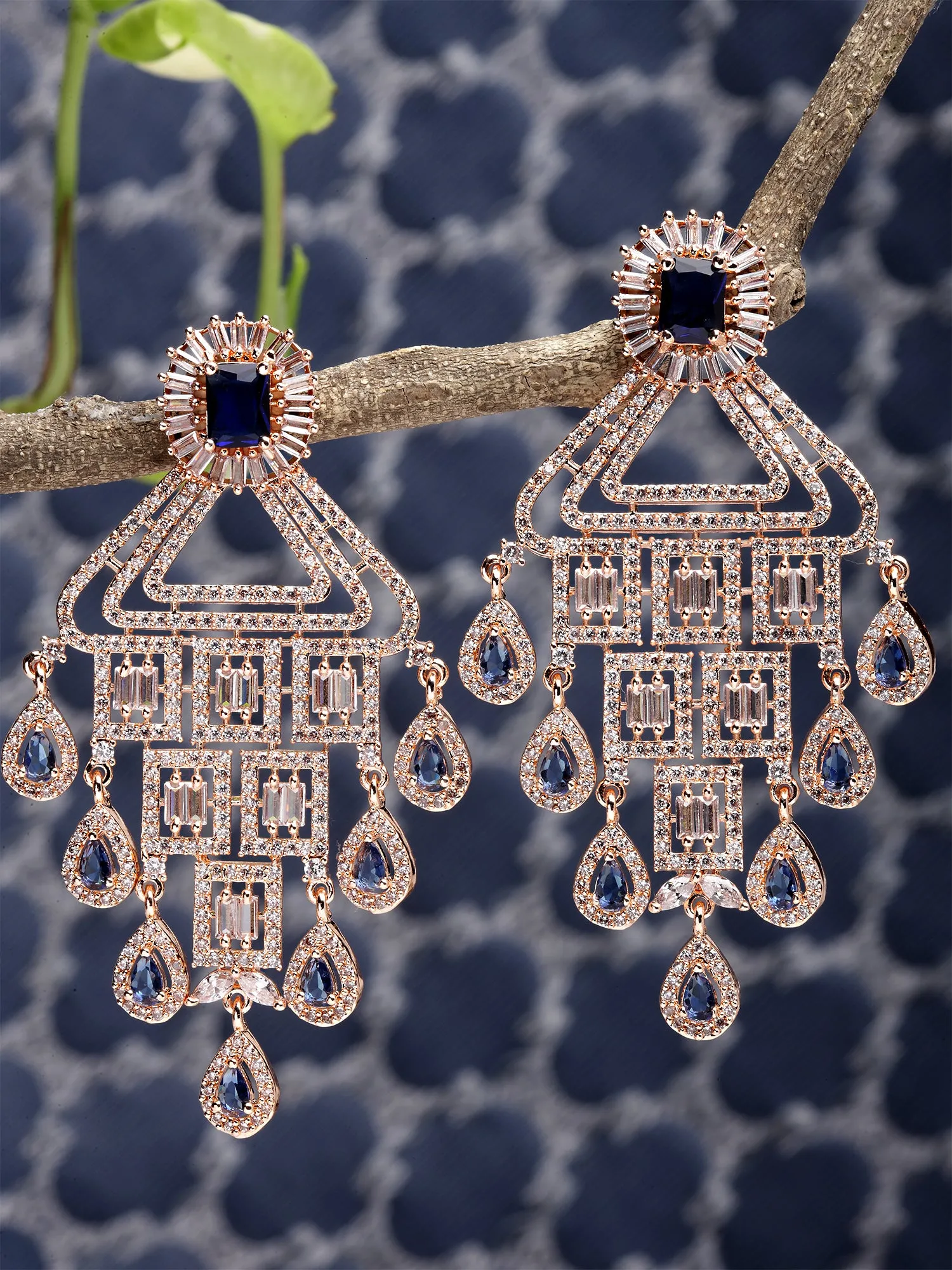 Karatcart Rose Gold Plated Blue and White Cubic Zirconia Studded Dangler Earrings for Women