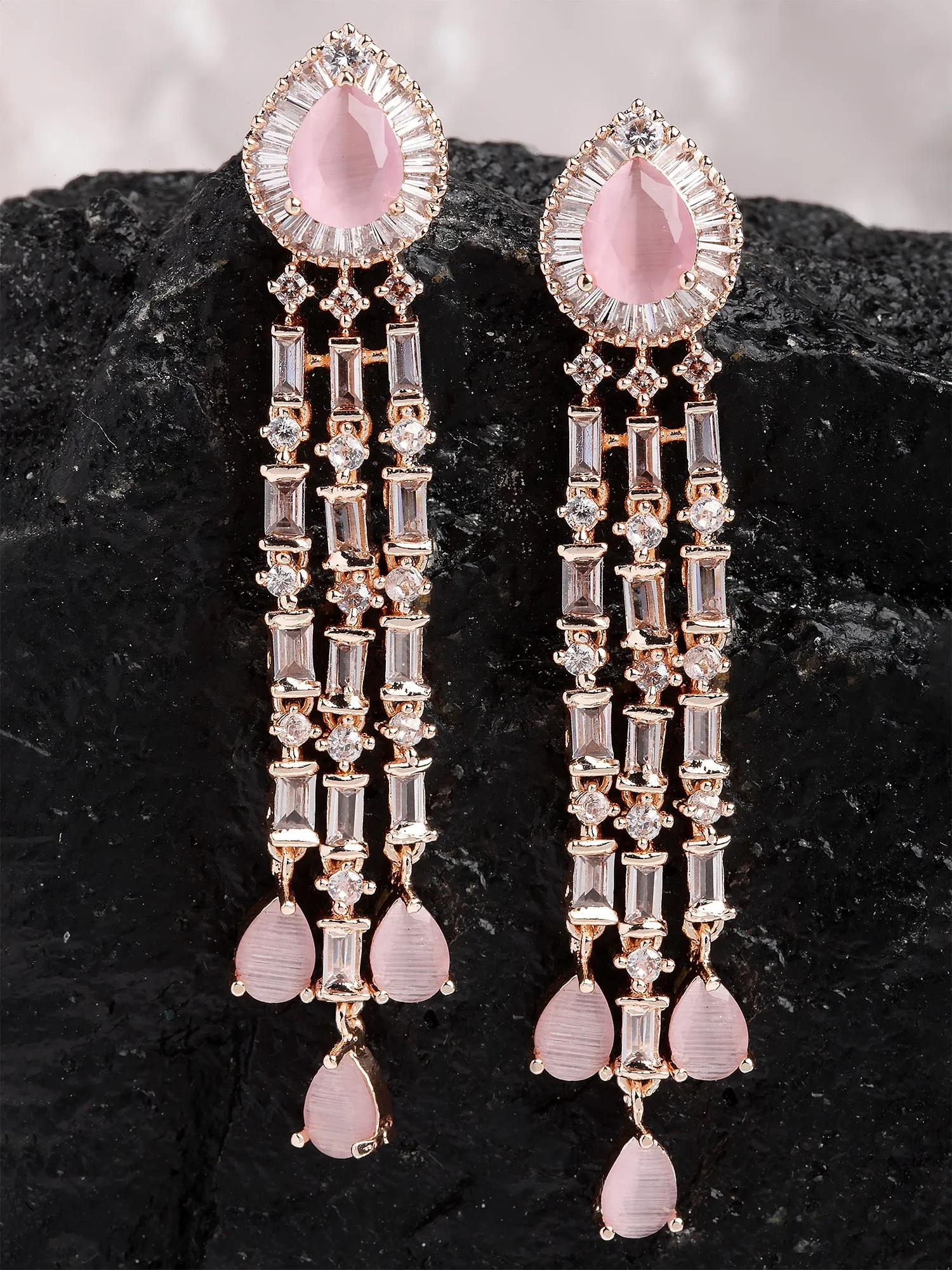 Karatcart Rose Gold Plated Cubic Zirconia Studded Long Drop Earrings for Women