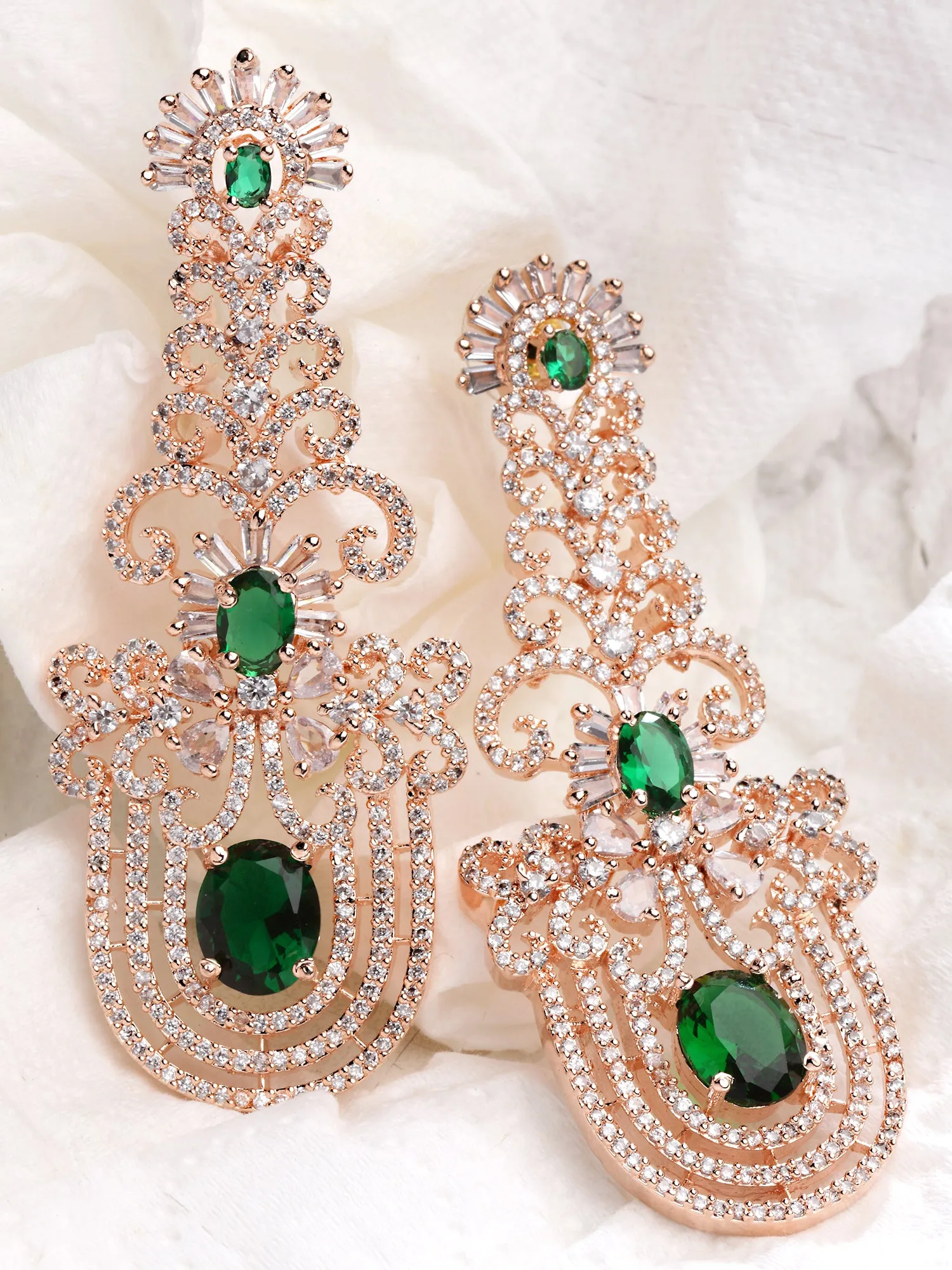 Karatcart Rose Gold Plated Green Cubic Zirconia Studded Dangler Earrings for Women
