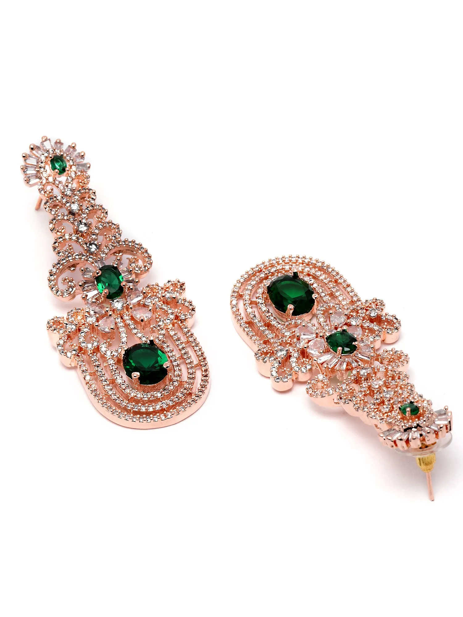Karatcart Rose Gold Plated Green Cubic Zirconia Studded Dangler Earrings for Women