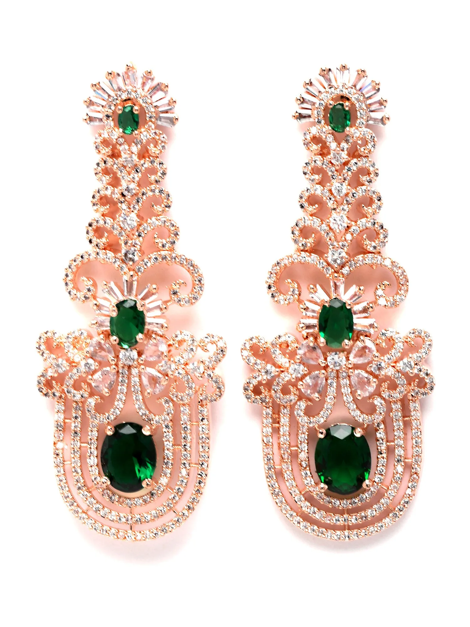 Karatcart Rose Gold Plated Green Cubic Zirconia Studded Dangler Earrings for Women