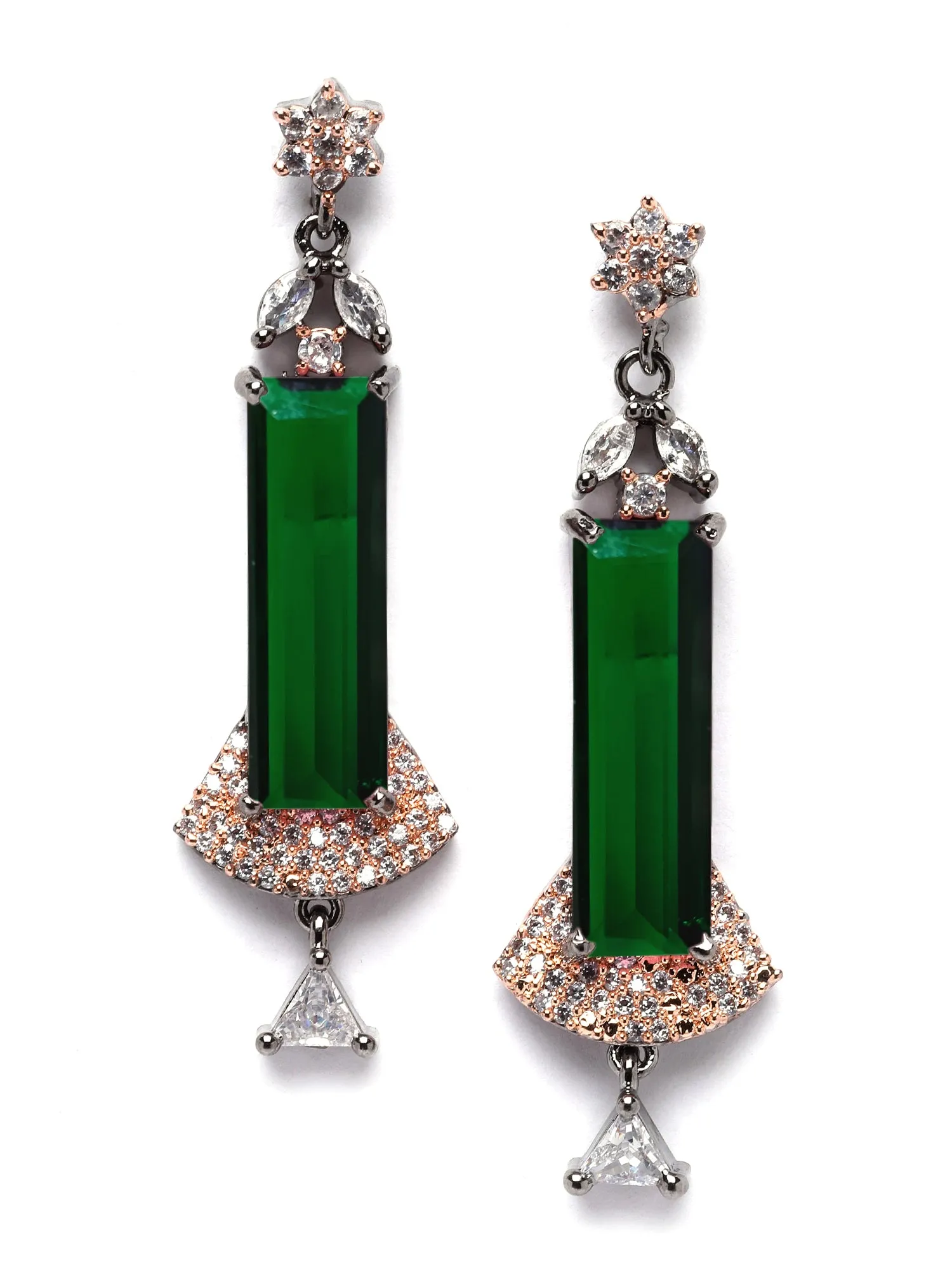 Karatcart Rose Gold Plated Green Cubic Zirconia Studded Drop Earrings for Women