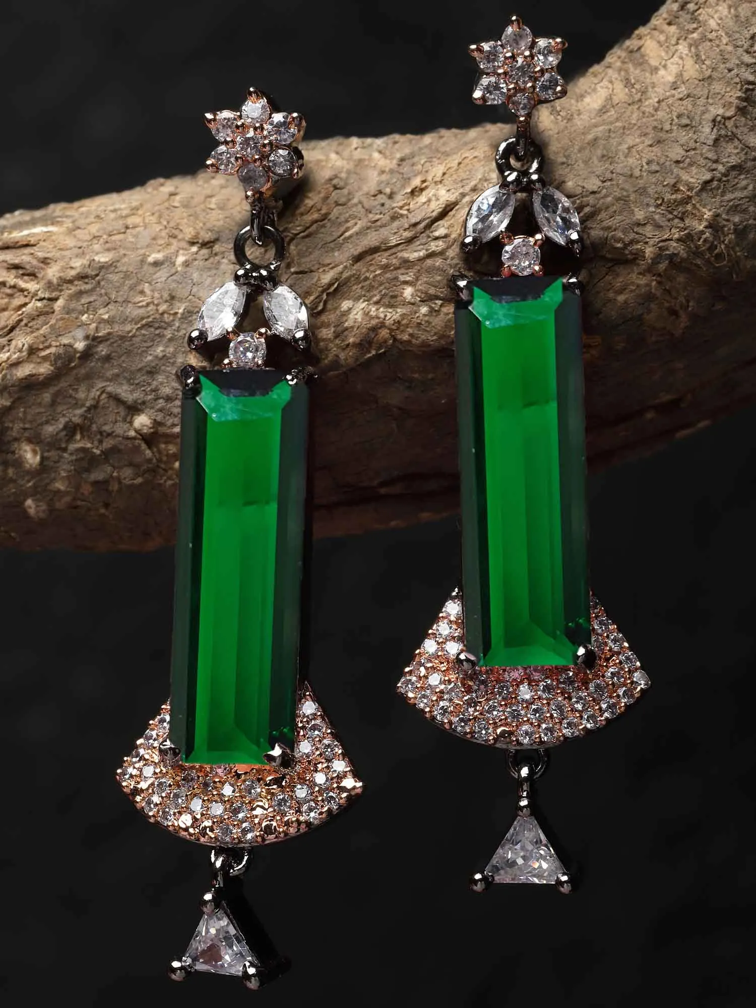 Karatcart Rose Gold Plated Green Cubic Zirconia Studded Drop Earrings for Women