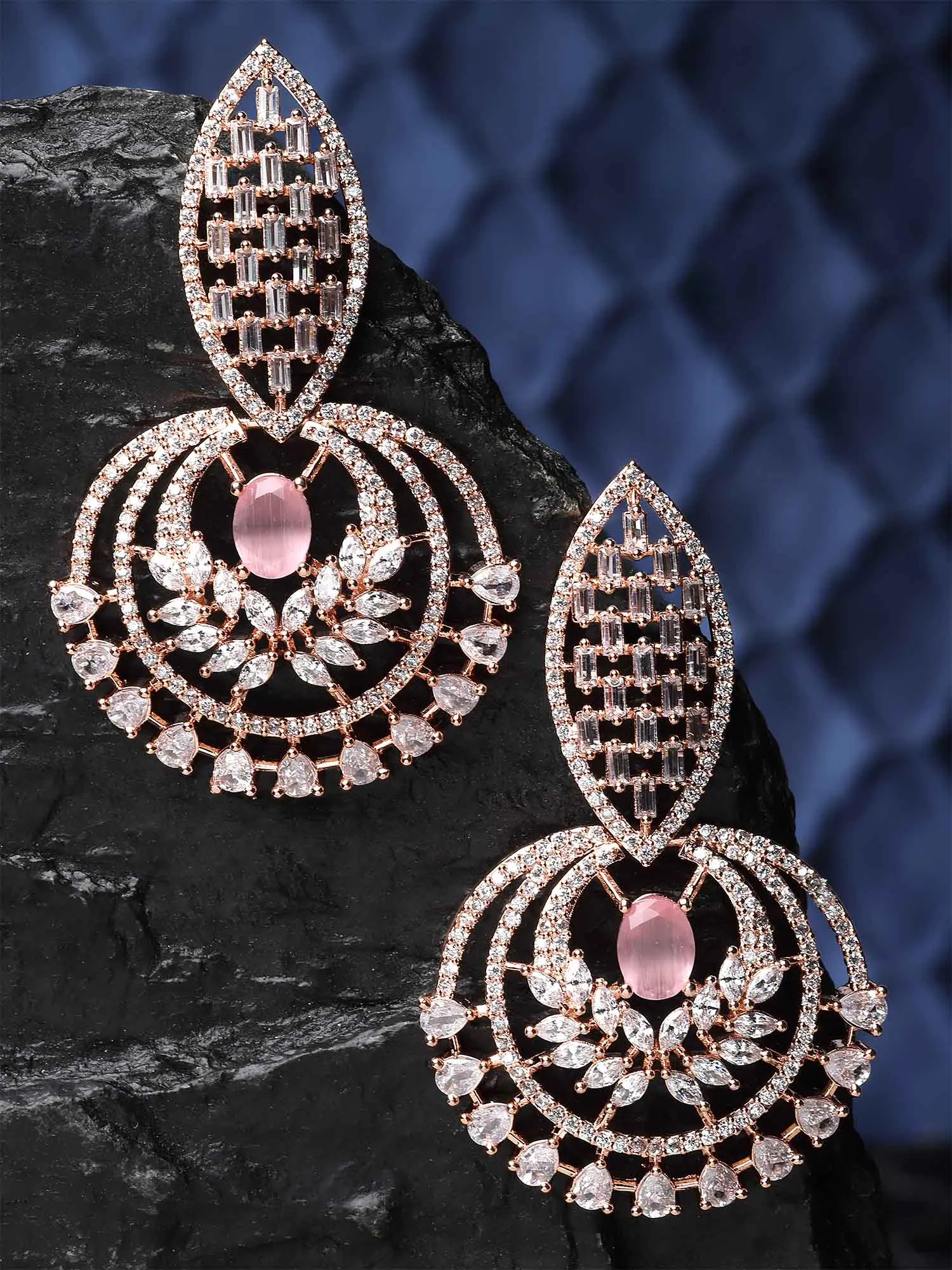 Karatcart Rose-Gold Plated Pink Cubic Zirconia Studded Drop Earrings for Women