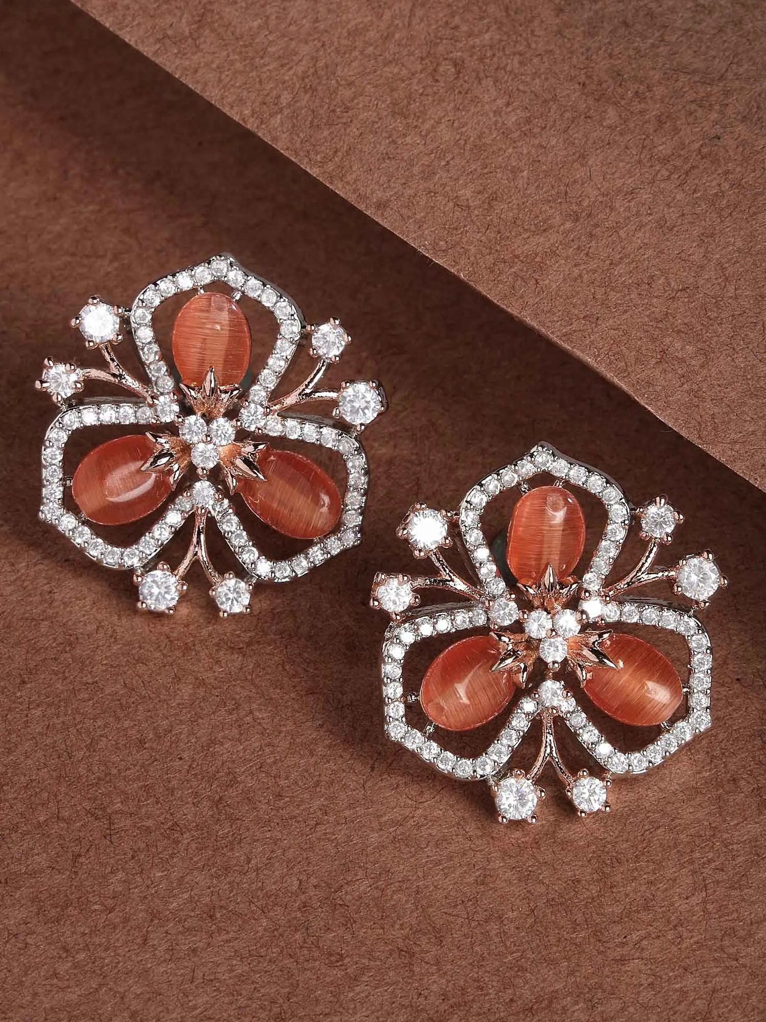 Karatcart Silver & Rose Gold Plated Orange Stone Floral Design Cubic Zirconia Stud Earrings