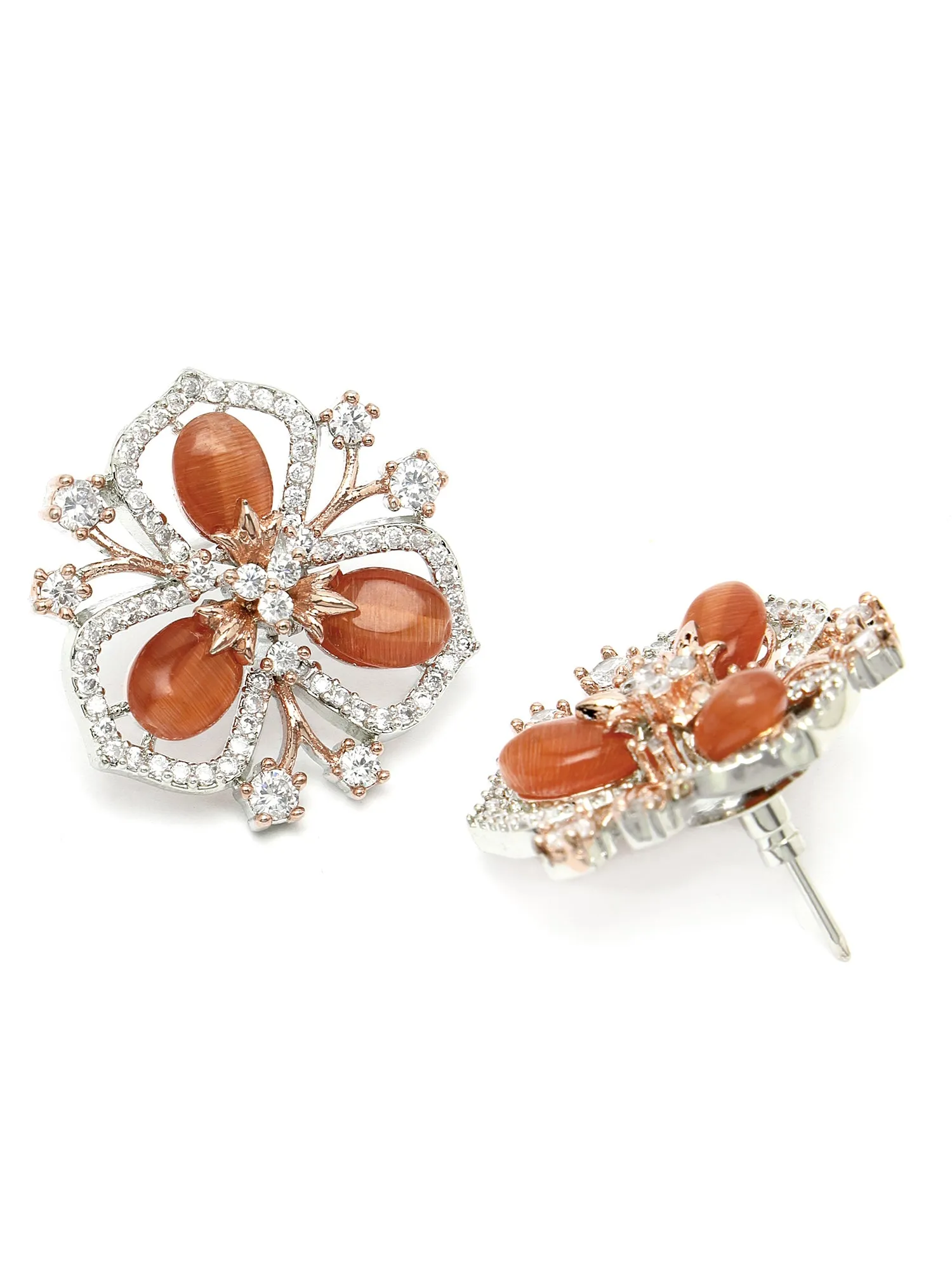 Karatcart Silver & Rose Gold Plated Orange Stone Floral Design Cubic Zirconia Stud Earrings