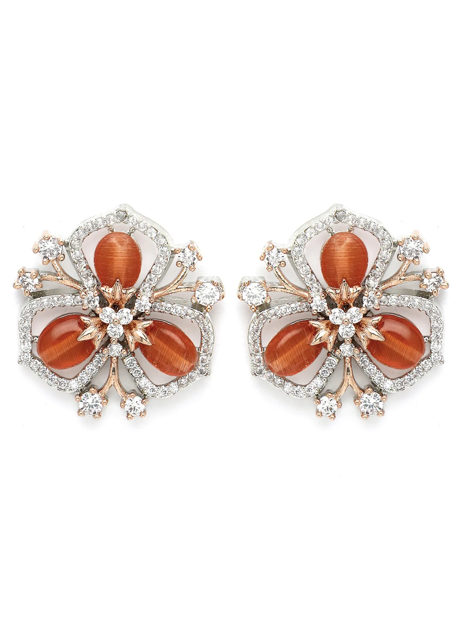 Karatcart Silver & Rose Gold Plated Orange Stone Floral Design Cubic Zirconia Stud Earrings