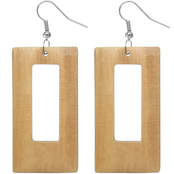 Light Brown Wooden Cutout Rectangle Earrings