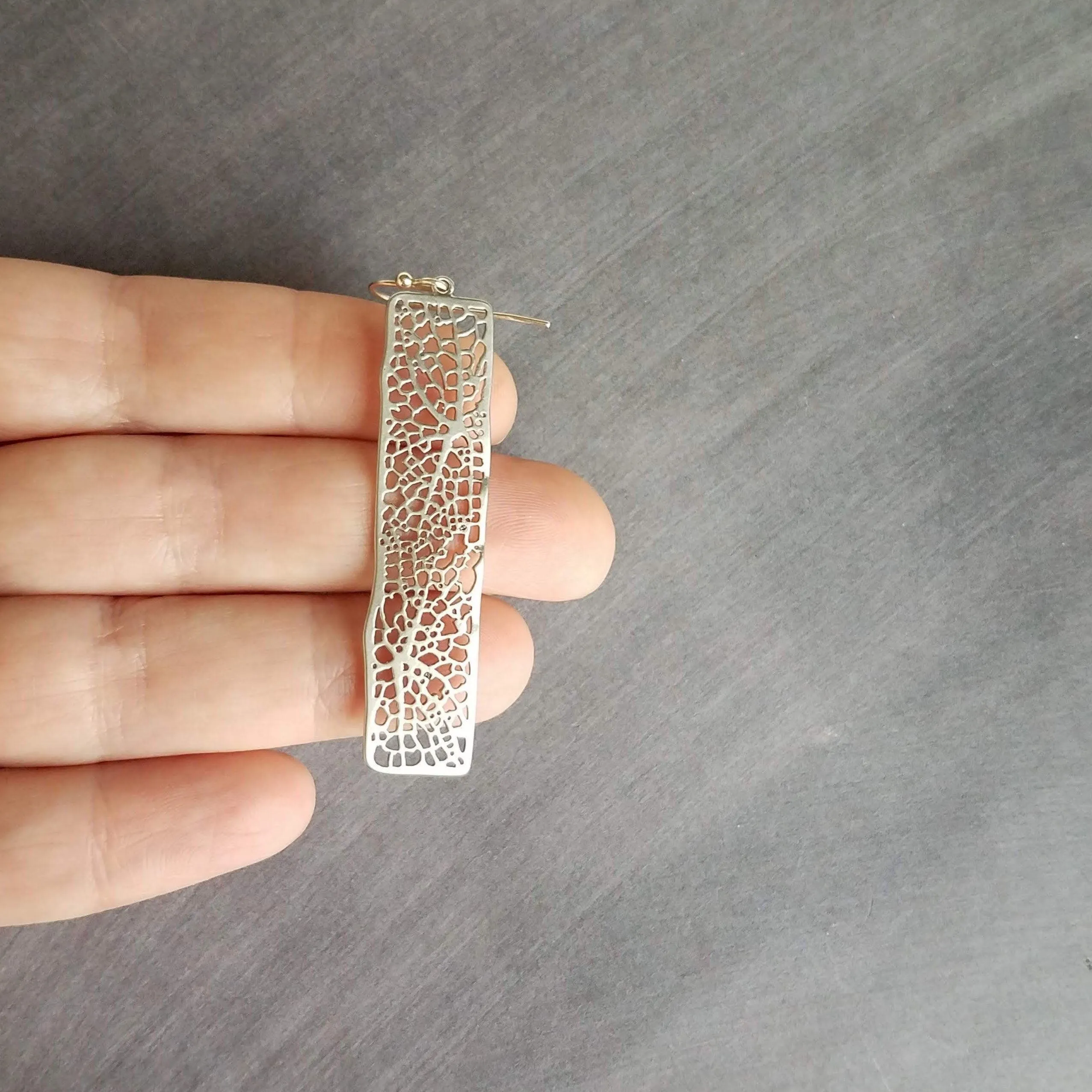 Long Silver Rectangle Earrings, skeleton leaf earring, organic shape earring, silver filigree earring, long thin rectangle earring, narrow