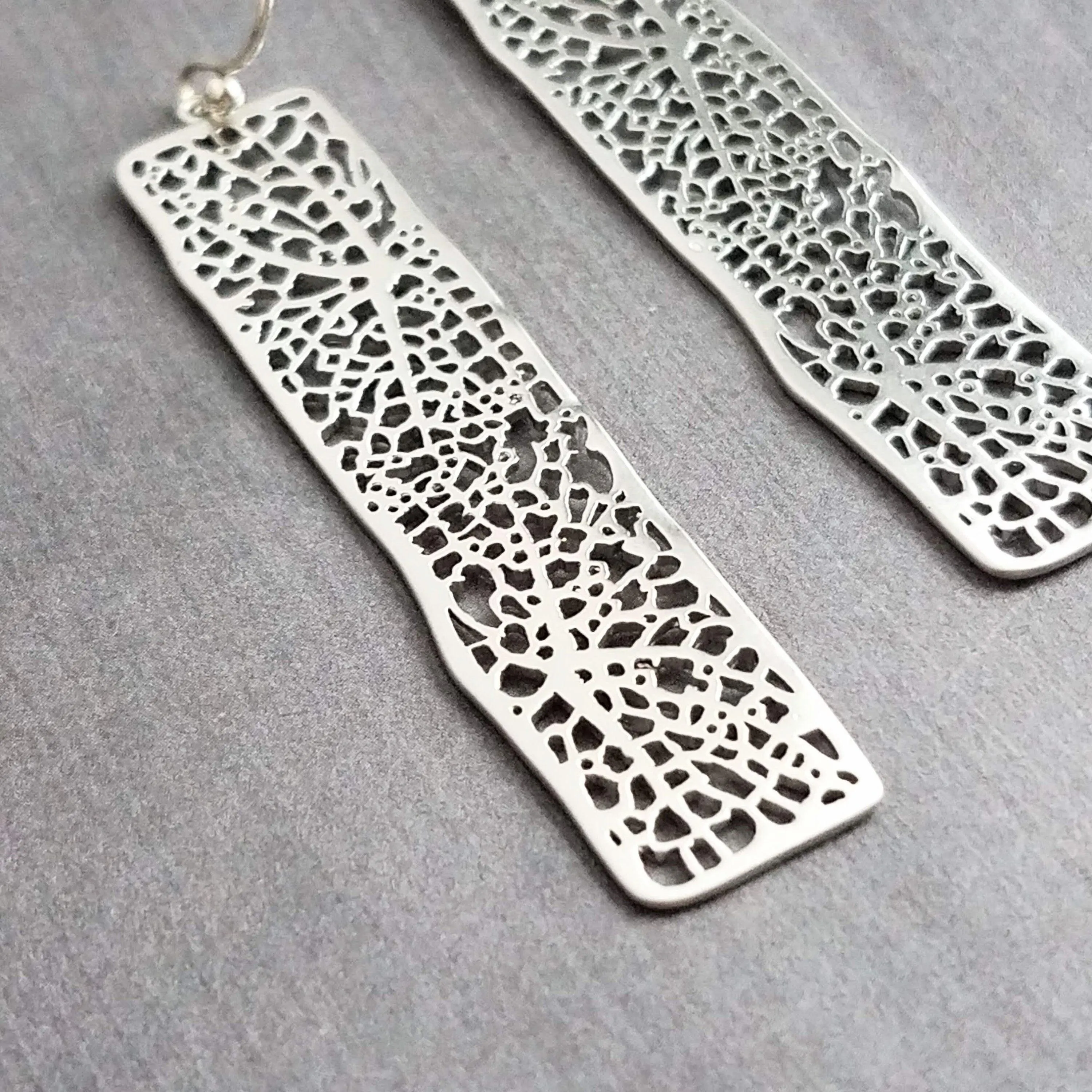 Long Silver Rectangle Earrings, skeleton leaf earring, organic shape earring, silver filigree earring, long thin rectangle earring, narrow