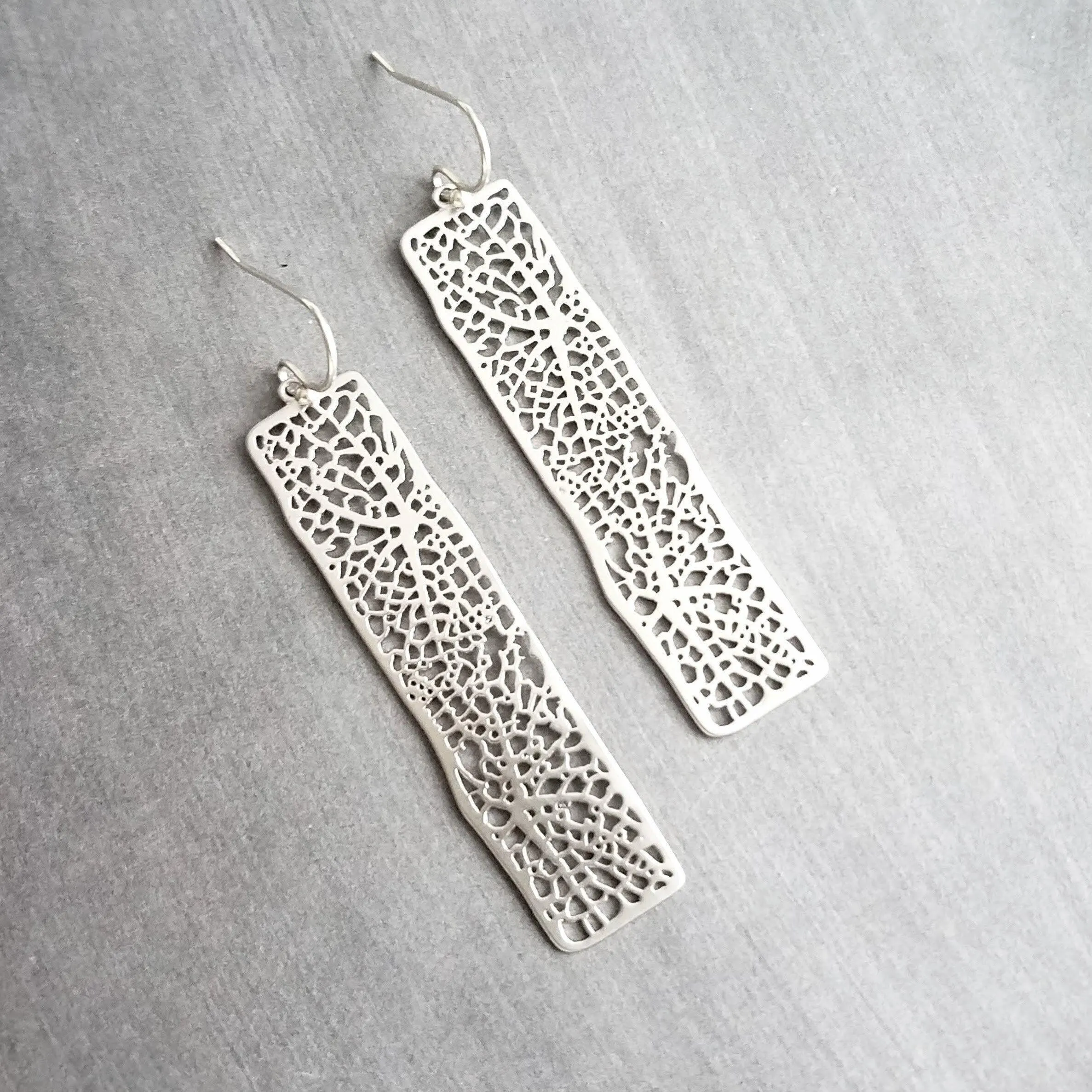 Long Silver Rectangle Earrings, skeleton leaf earring, organic shape earring, silver filigree earring, long thin rectangle earring, narrow