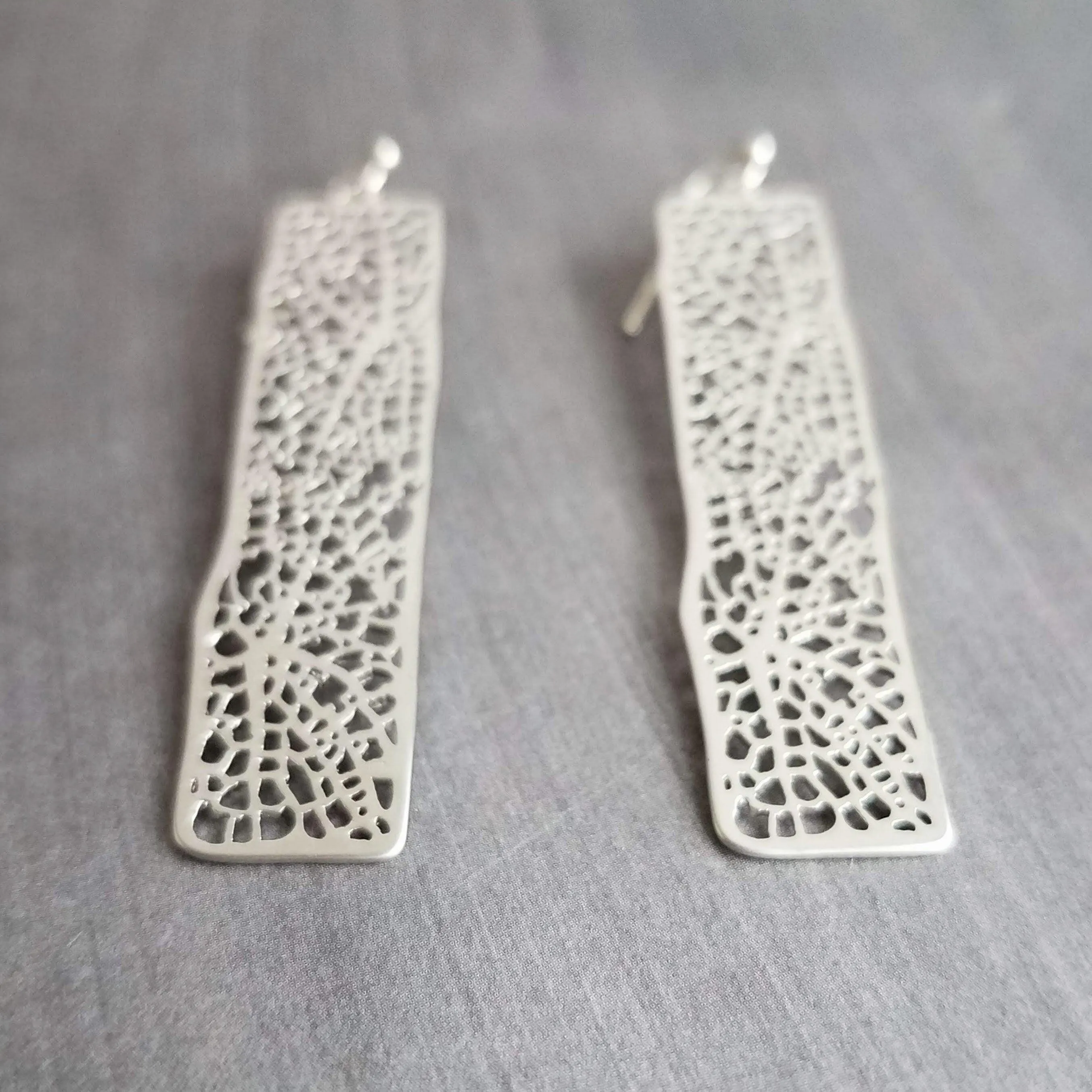 Long Silver Rectangle Earrings, skeleton leaf earring, organic shape earring, silver filigree earring, long thin rectangle earring, narrow