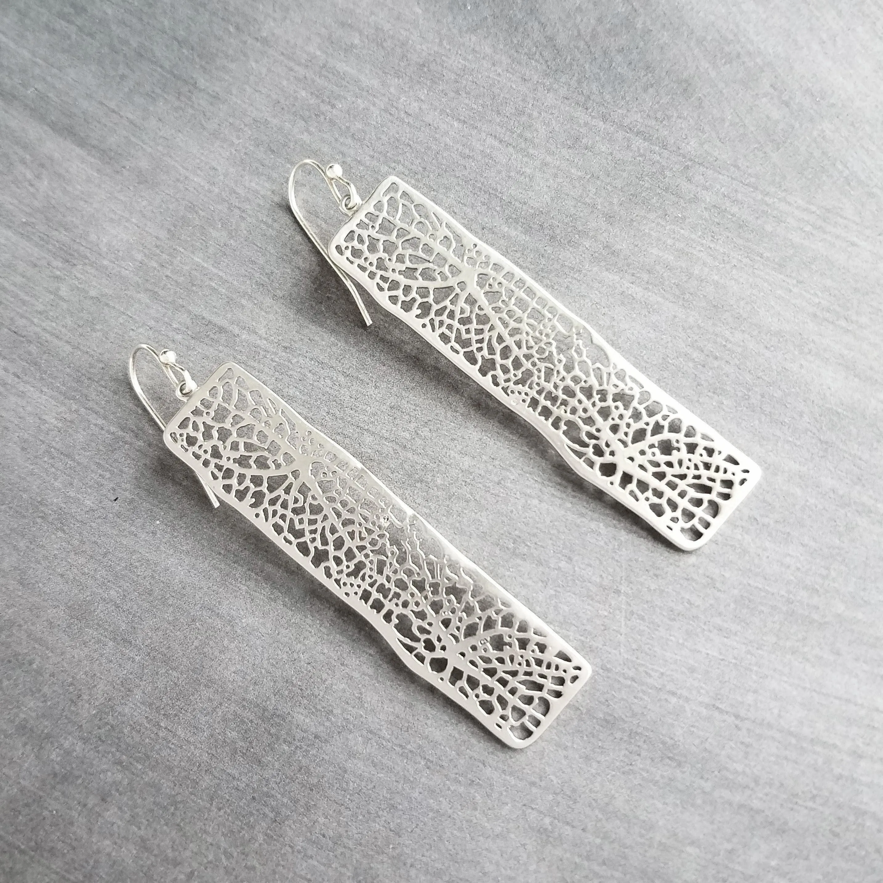 Long Silver Rectangle Earrings, skeleton leaf earring, organic shape earring, silver filigree earring, long thin rectangle earring, narrow