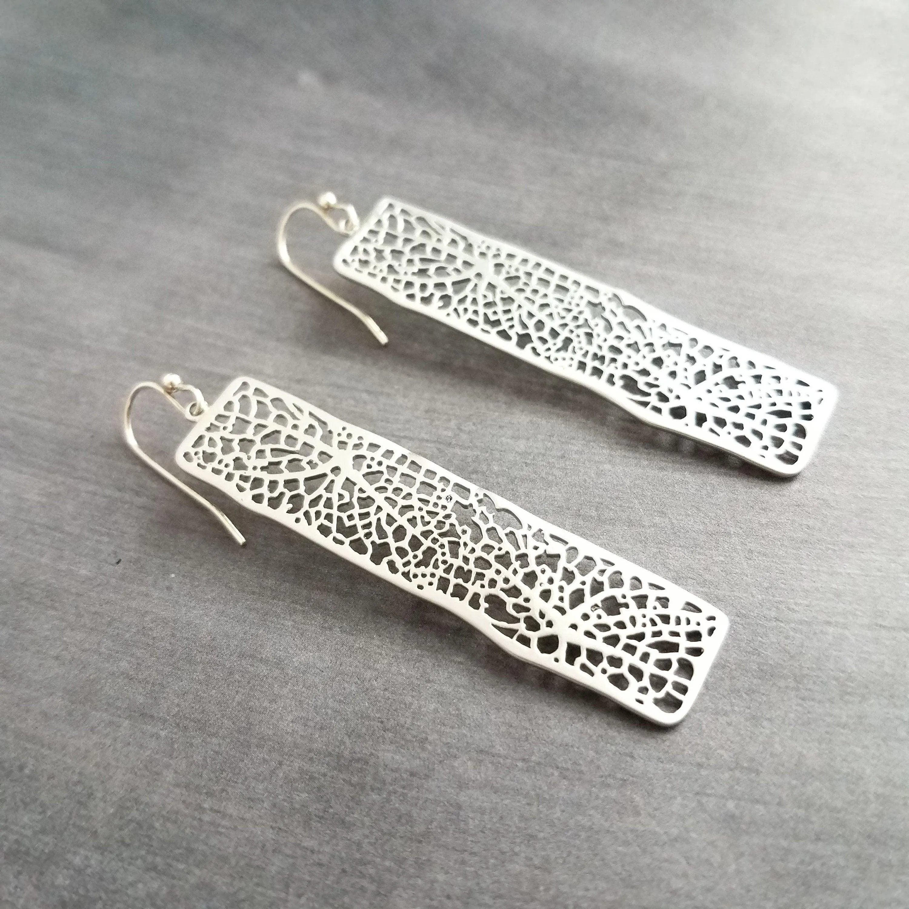 Long Silver Rectangle Earrings, skeleton leaf earring, organic shape earring, silver filigree earring, long thin rectangle earring, narrow