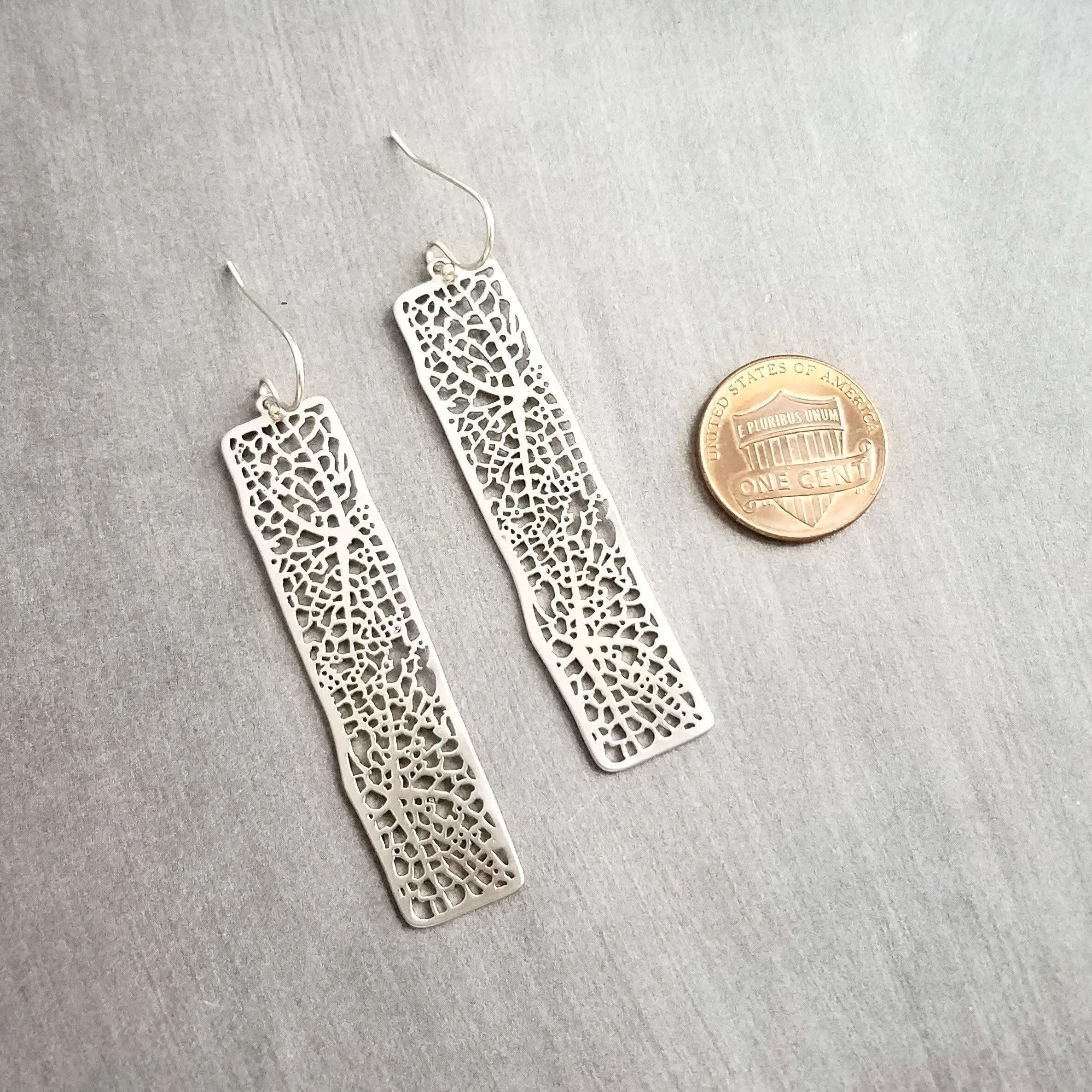 Long Silver Rectangle Earrings, skeleton leaf earring, organic shape earring, silver filigree earring, long thin rectangle earring, narrow