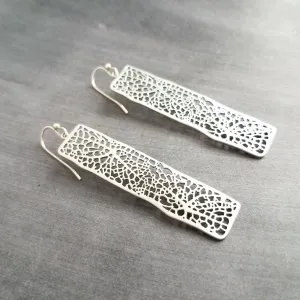 Long Silver Rectangle Earrings, skeleton leaf earring, organic shape earring, silver filigree earring, long thin rectangle earring, narrow
