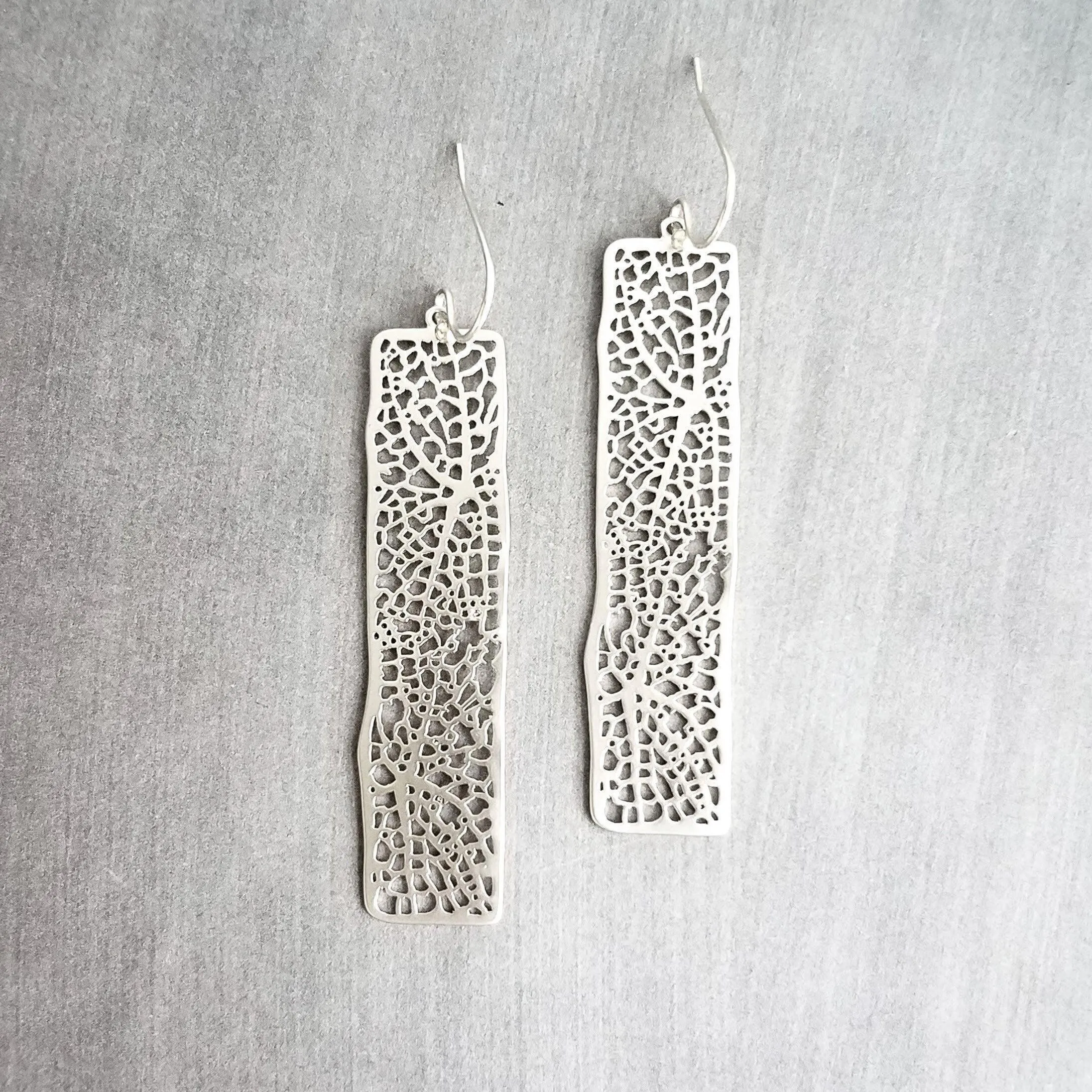 Long Silver Rectangle Earrings, skeleton leaf earring, organic shape earring, silver filigree earring, long thin rectangle earring, narrow