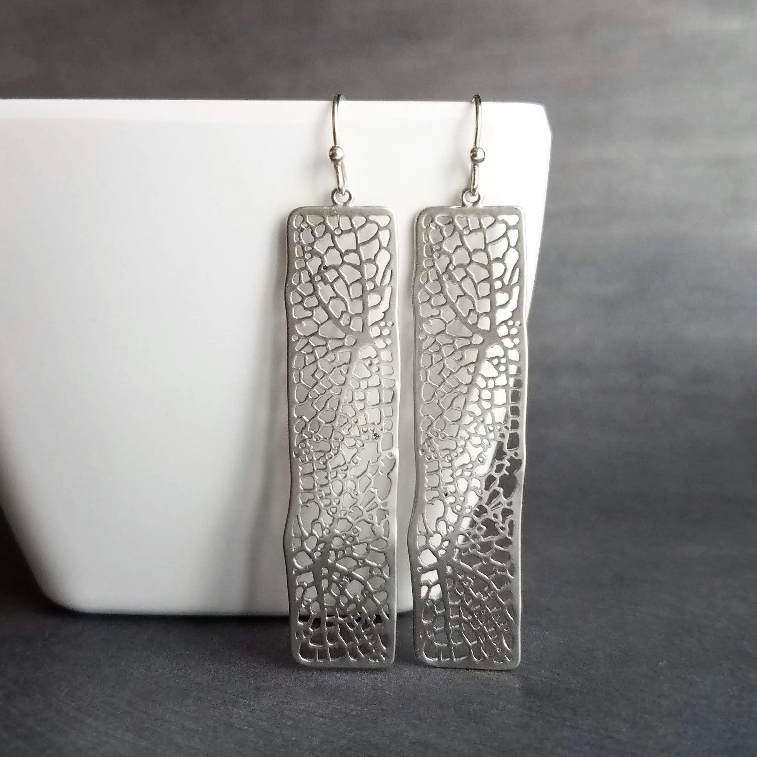 Long Silver Rectangle Earrings, skeleton leaf earring, organic shape earring, silver filigree earring, long thin rectangle earring, narrow
