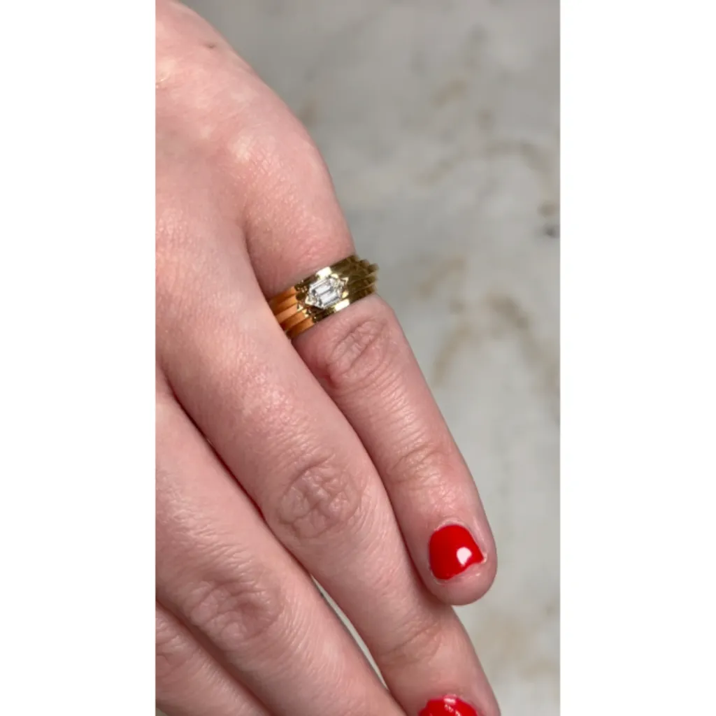Material Good Gold Band With Hexagonal Diamond Ring, Size 4