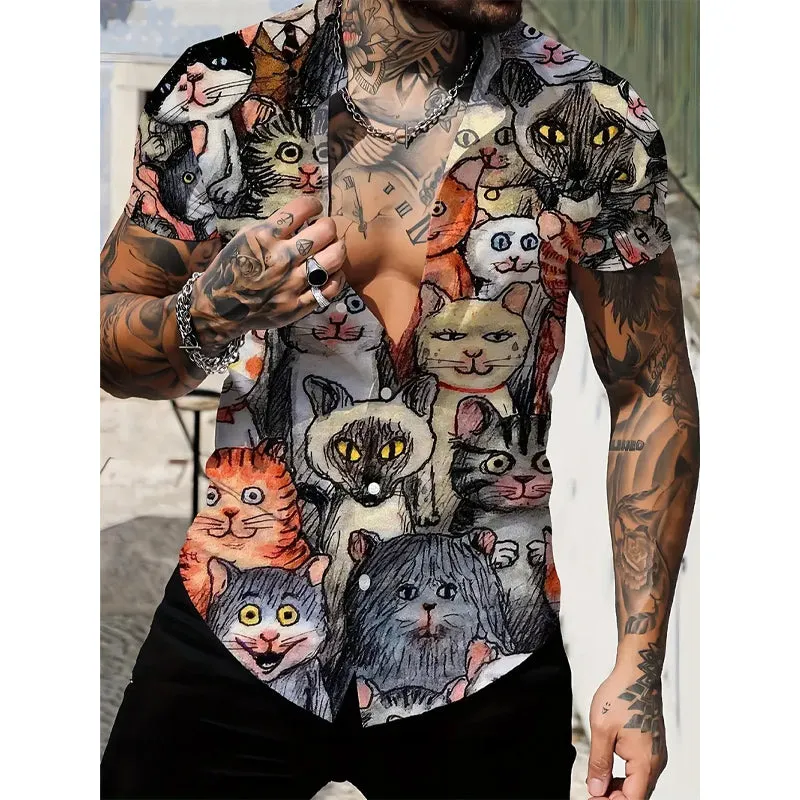 Men's Cat 3D Print Casual Short Sleeve Shirt 2405002335