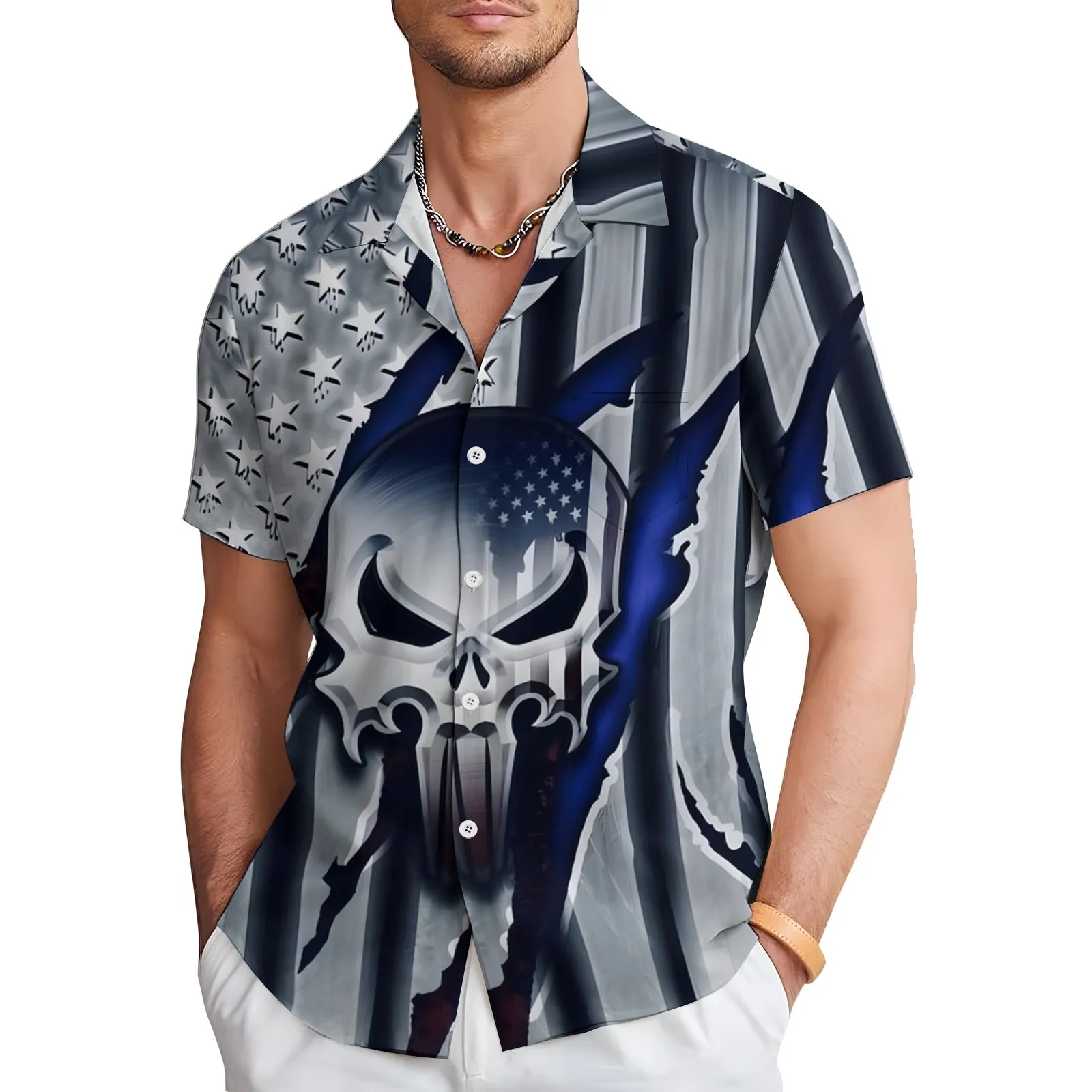 Men's Flag Skull Print Short Sleeve Shirt 2404001799