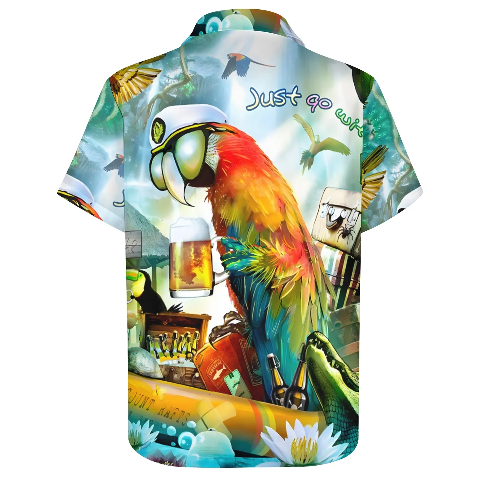 Men's Hawaiian Parrot Beer Print Casual Short Sleeve Shirt 2404001275