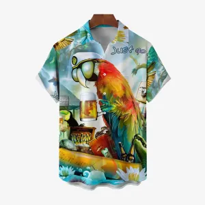 Men's Hawaiian Parrot Beer Print Casual Short Sleeve Shirt 2404001275