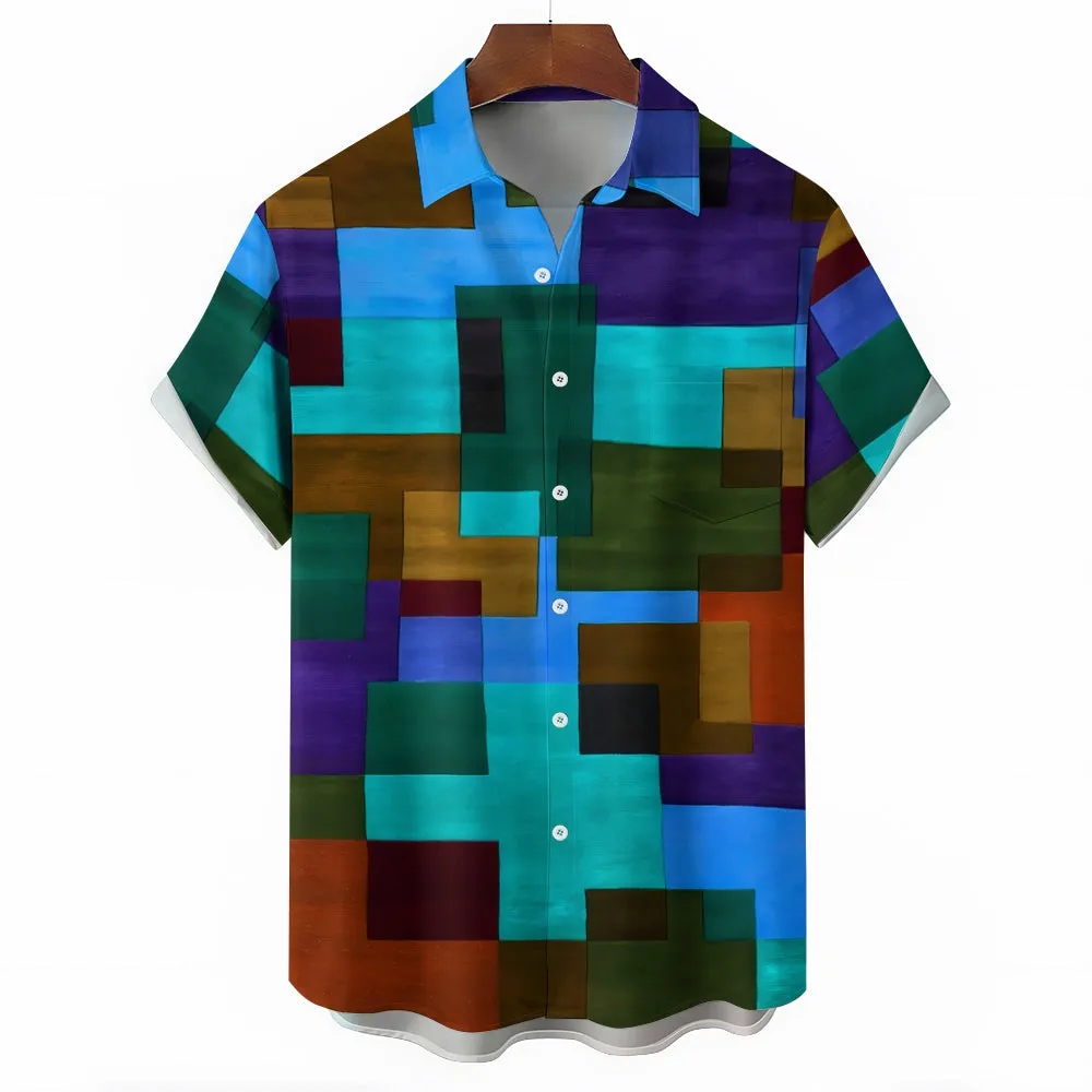 Men's Retro Geometric Print Button Pocket Short Sleeve Shirt 2403000741