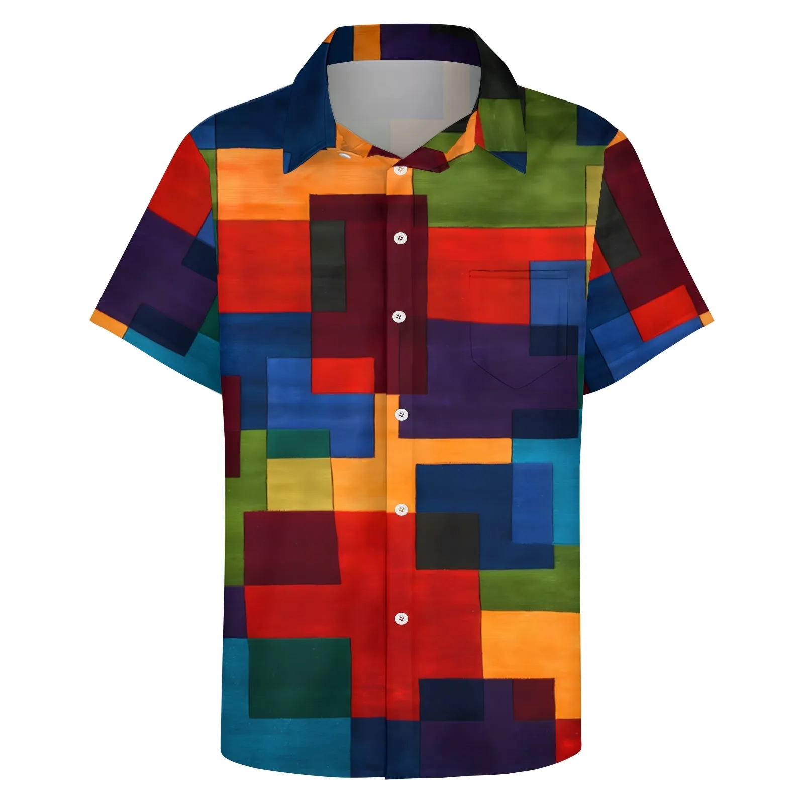 Men's Retro Geometric Print Button Pocket Short Sleeve Shirt 2403000741