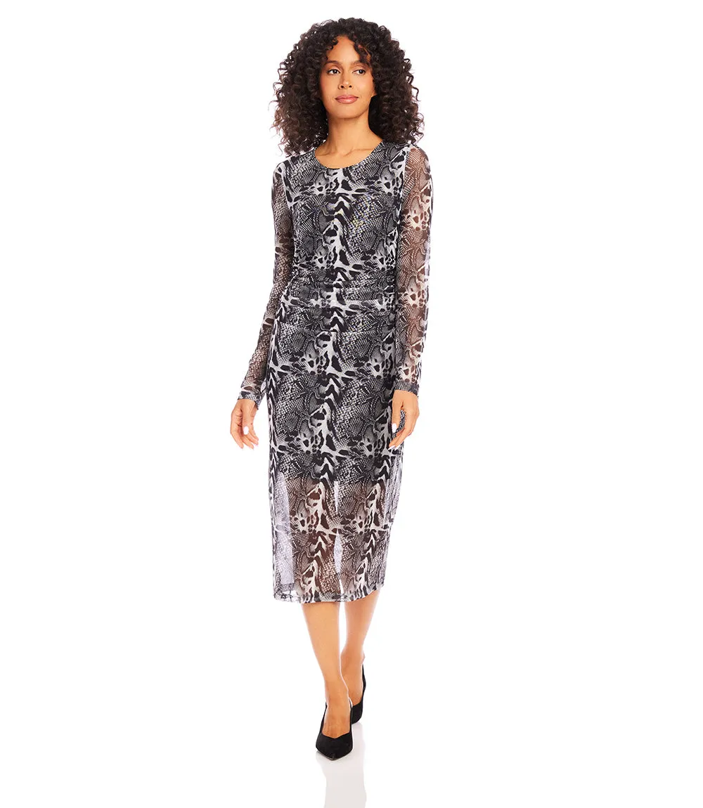 Mesh Side Shirred Midi Dress