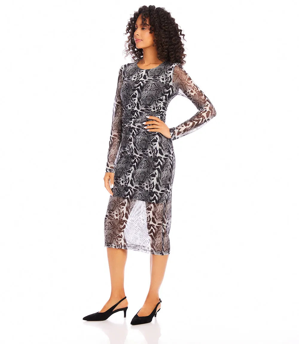 Mesh Side Shirred Midi Dress