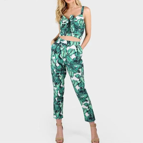 New Front Tie Leaf Print Crop and Matching Pants Set