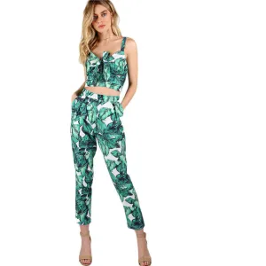New Front Tie Leaf Print Crop and Matching Pants Set